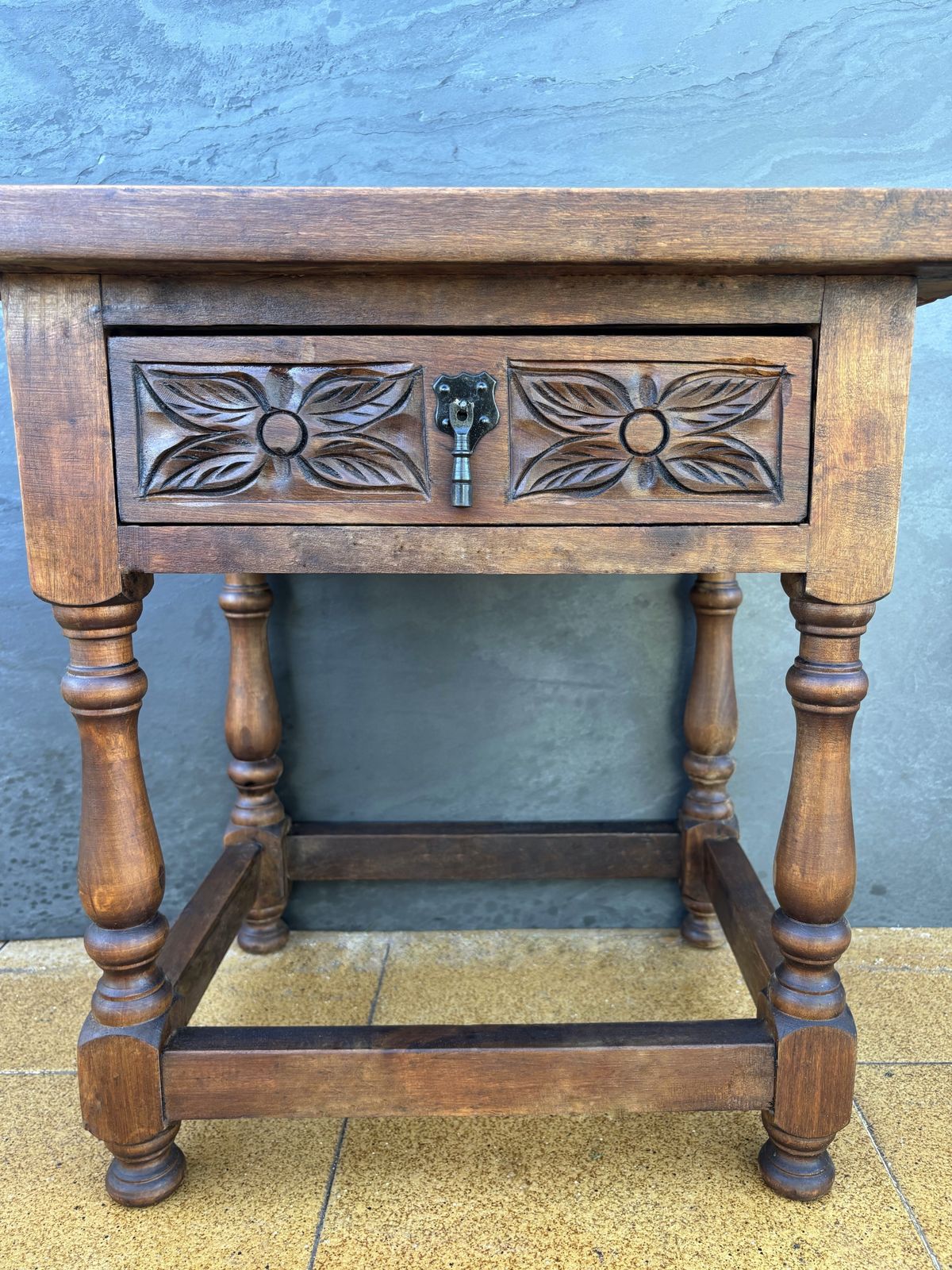 Pair Of Spanish Rustic Oak Bedside Tables With Carved Drawers, Mid 20th Century photo furniture