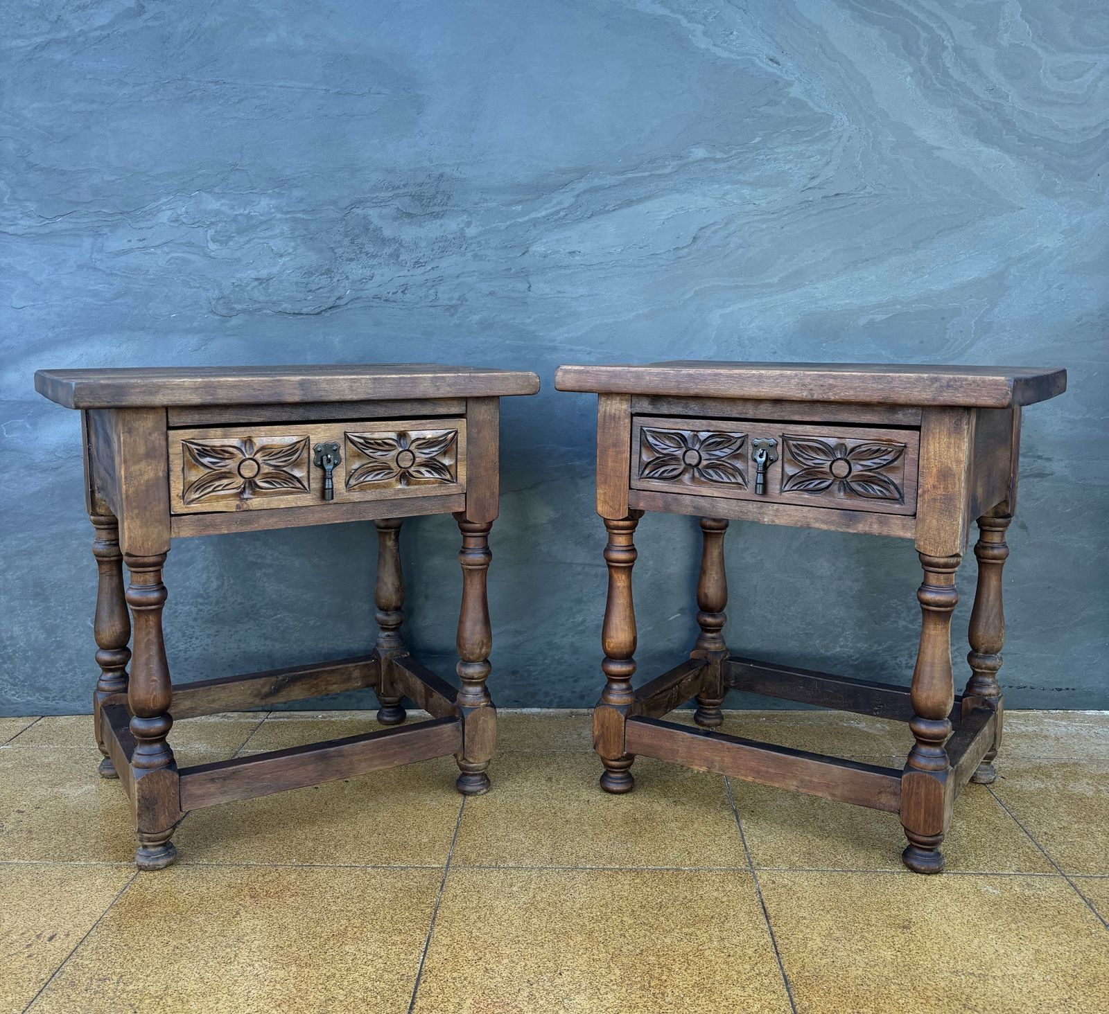 Pair Of Spanish Rustic Oak Bedside Tables With Carved Drawers, Mid 20th Century photo Furniture