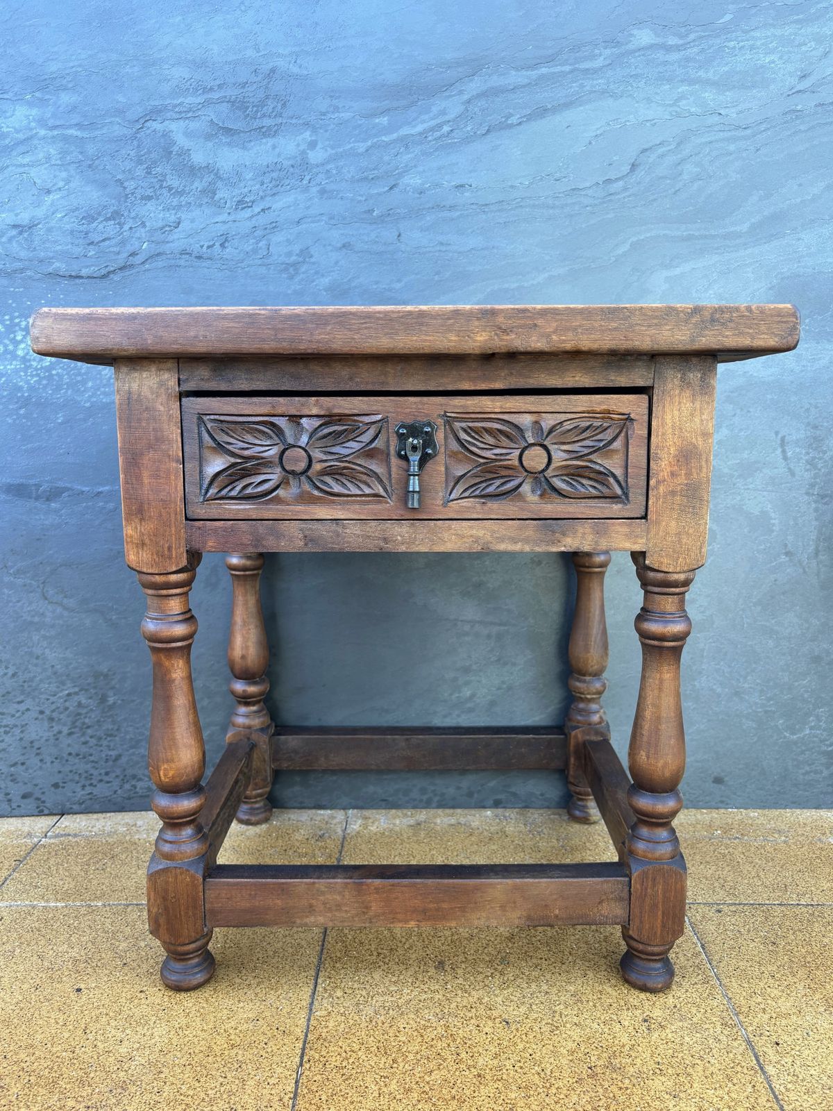 Pair Of Spanish Rustic Oak Bedside Tables With Carved Drawers, Mid 20th Century photo vinterior
