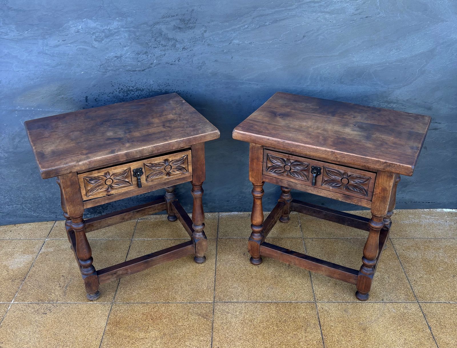 photo furniture Pair Of Spanish Rustic Oak Bedside Tables With Carved Drawers, Mid 20th Century