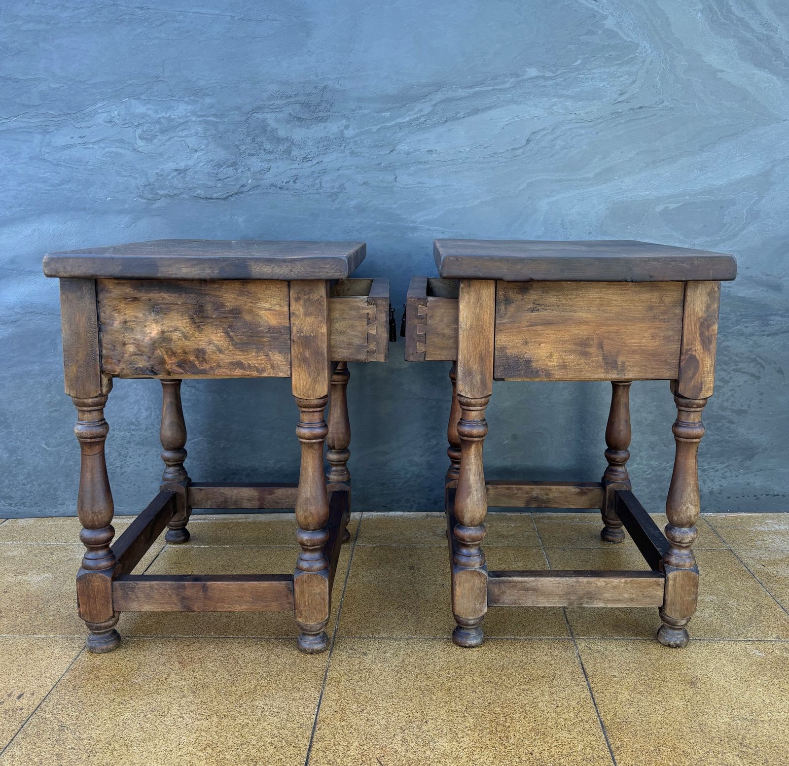 Furniture Pair Of Spanish Rustic Oak Bedside Tables With Carved Drawers, Mid 20th Century photo