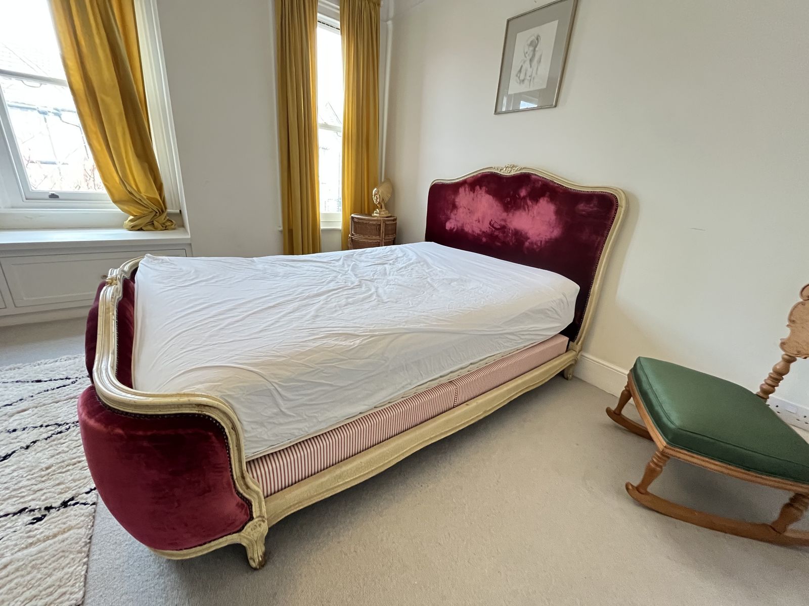 Stunning Antique French Louis XV Demi Corbeille Double Bed With Bespoke Red Ticking Base Included photo vintage