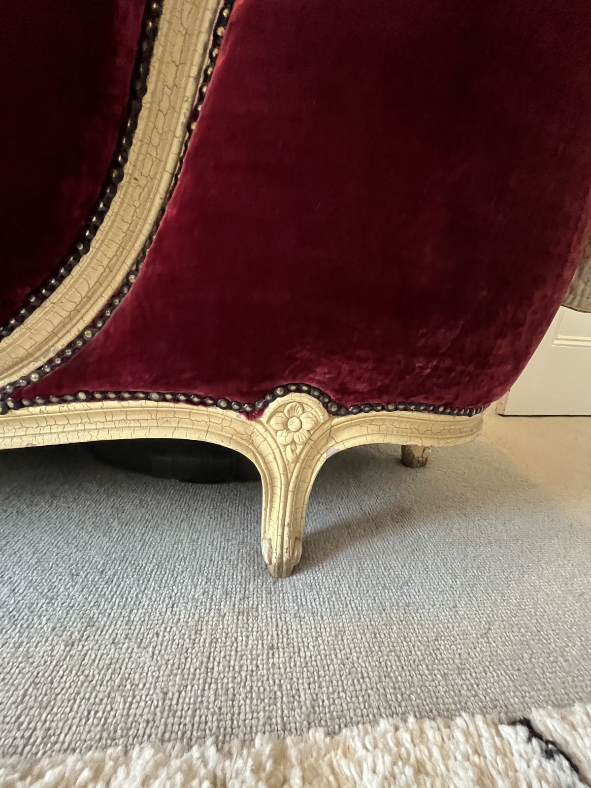 photo for sale Stunning Antique French Louis XV Demi Corbeille Double Bed With Bespoke Red Ticking Base Included
