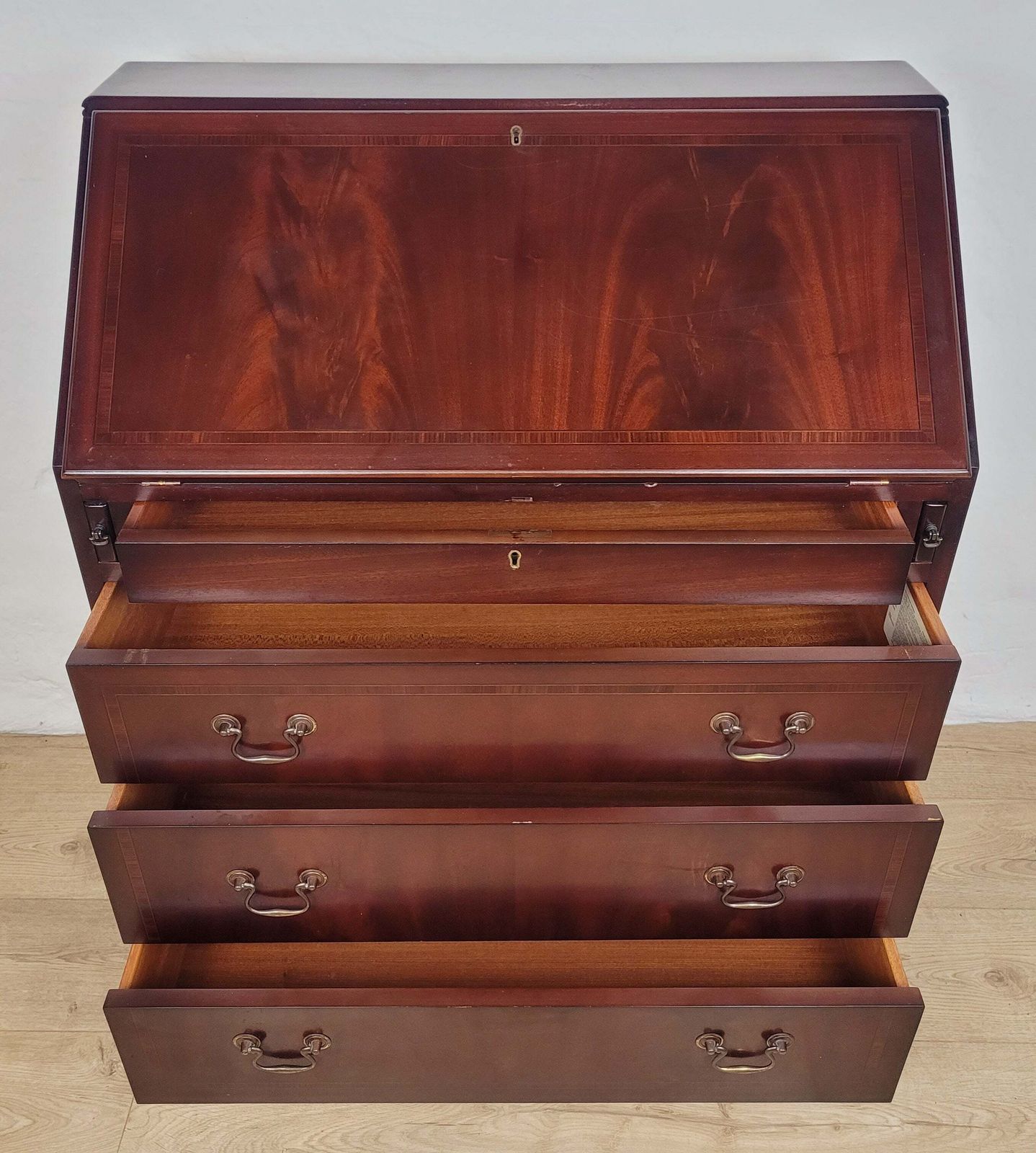 Writing Bureau Desk 20th C Green Leather Top Drop Handles photo vinterior