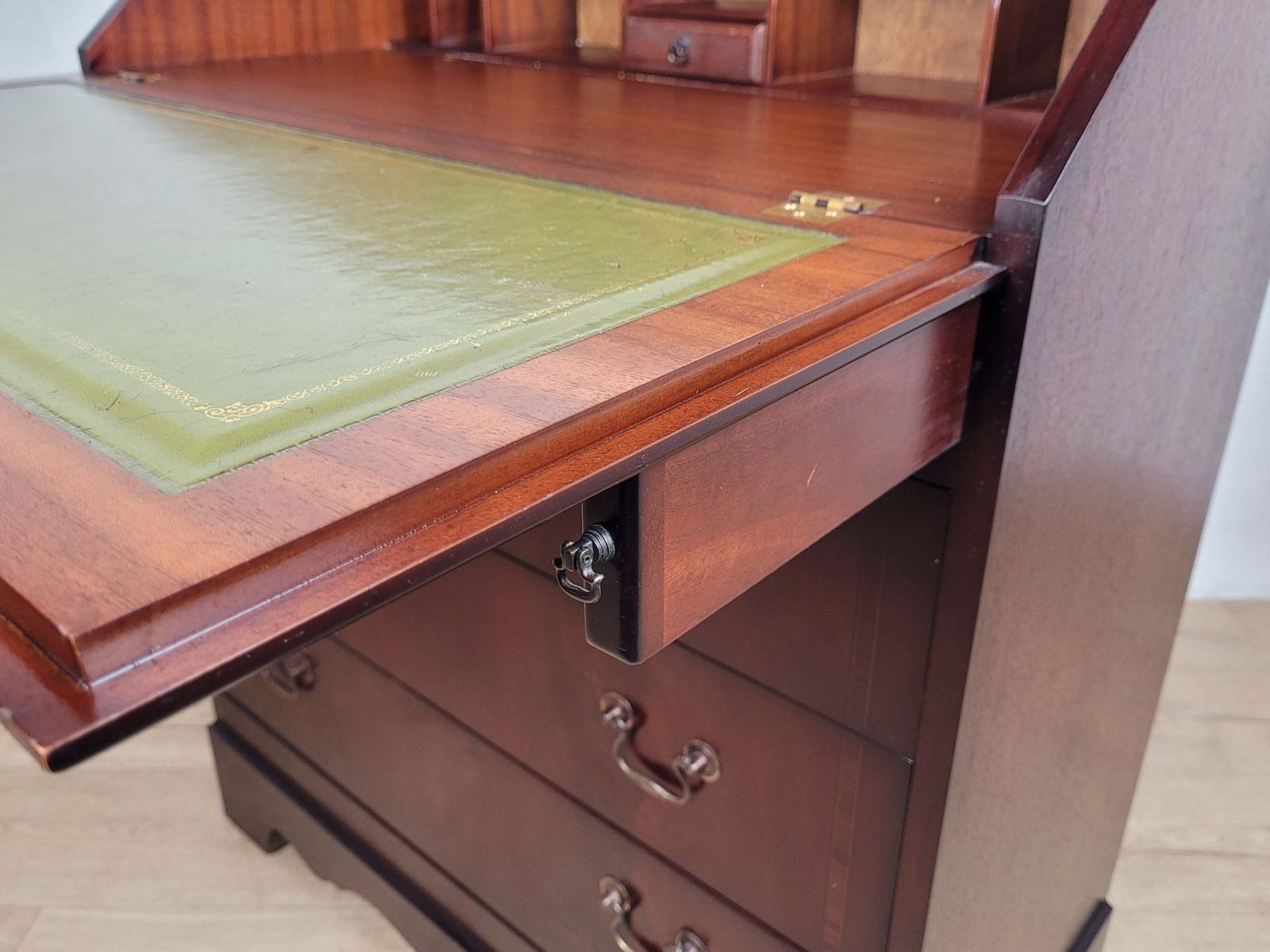 Writing Bureau Desk 20th C Green Leather Top Drop Handles photo buy