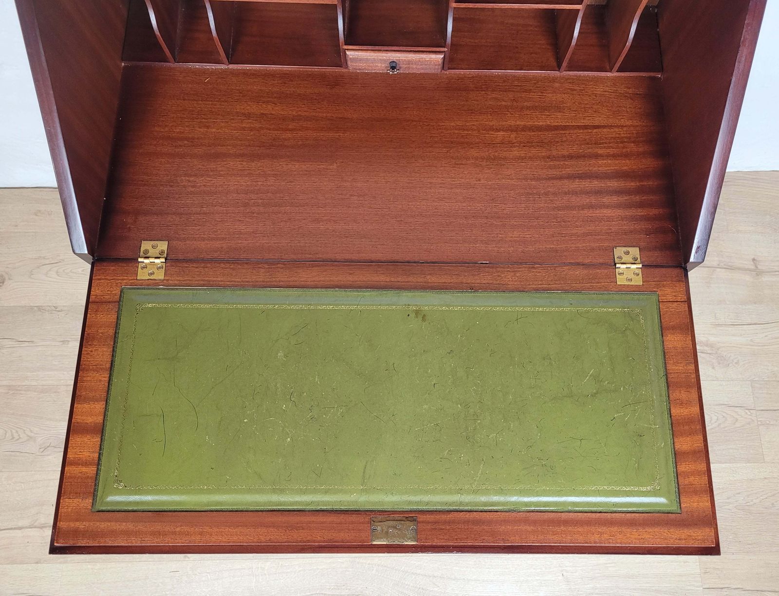 Writing Bureau Desk 20th C Green Leather Top Drop Handles photo vintage