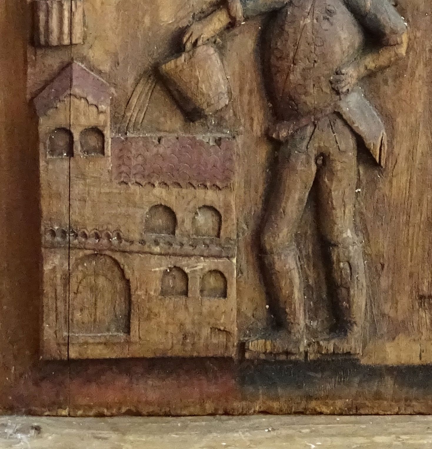Saint Florian Hand Carved Wooden Panel, Rustic Primitive Carving Folk Art Plaque photo vintage