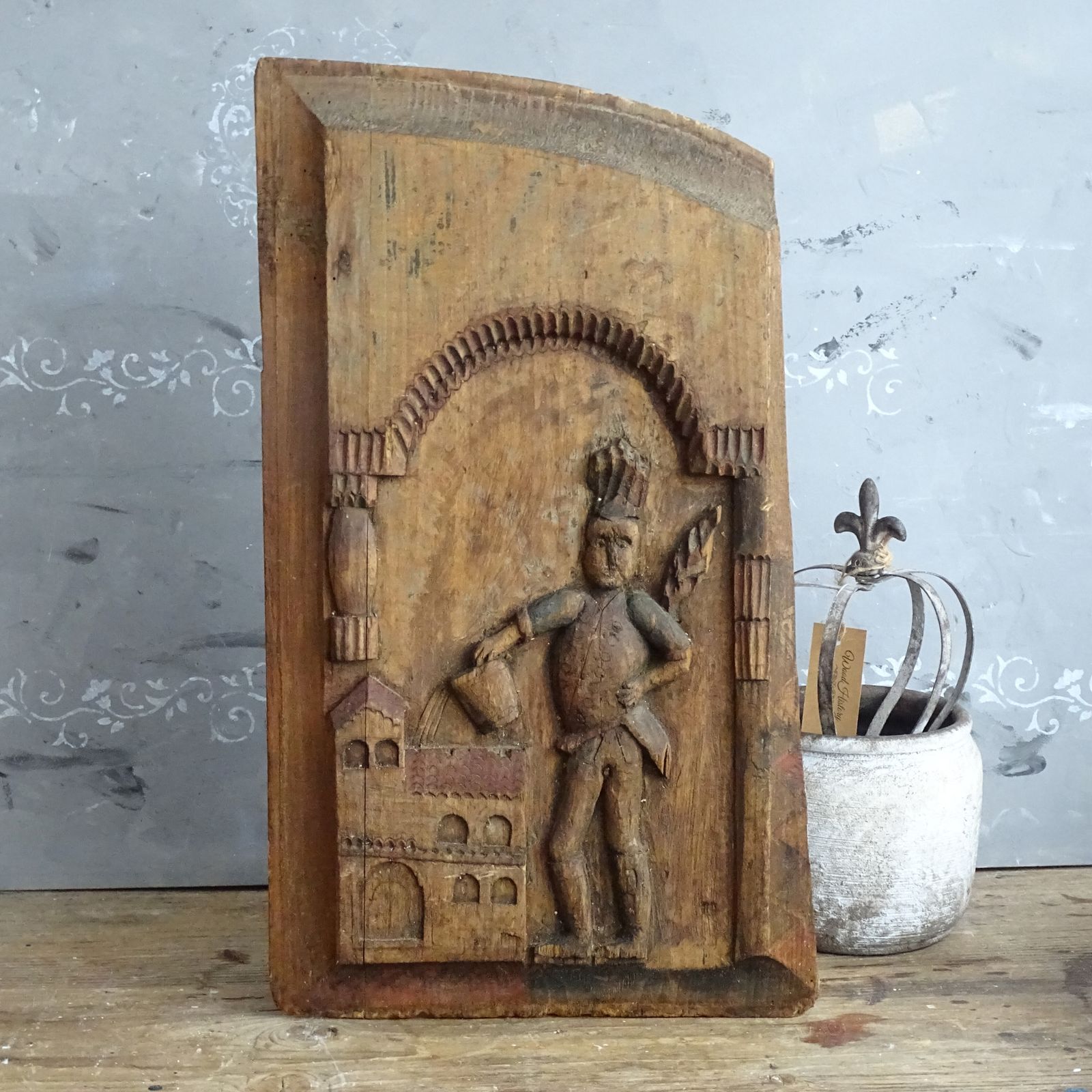 Saint Florian Hand Carved Wooden Panel, Rustic Primitive Carving Folk Art Plaque