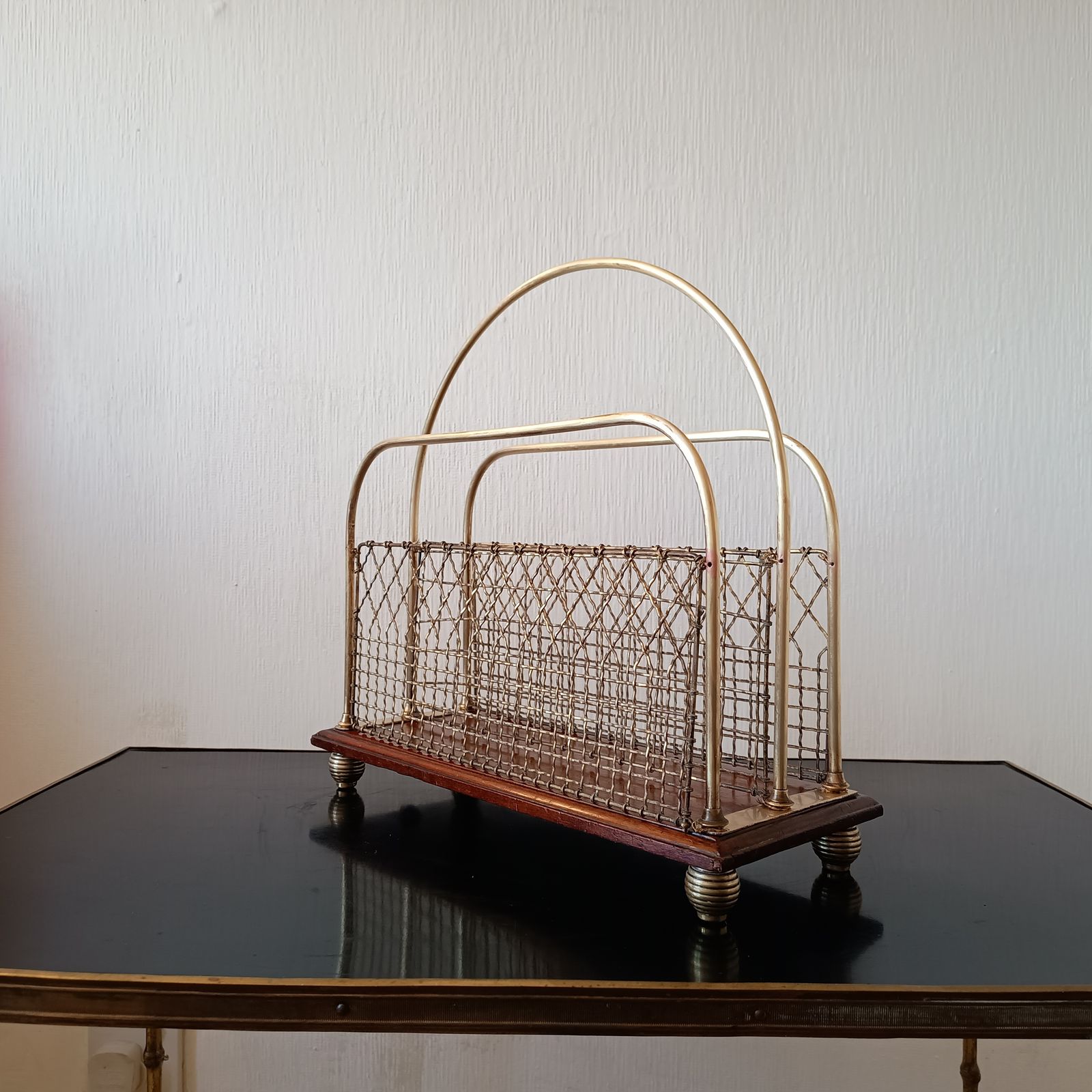 Arts And Craft S Hall Brass And Mahogany Paper Stand Or Magazine Rack 1890 1910 photo for sale