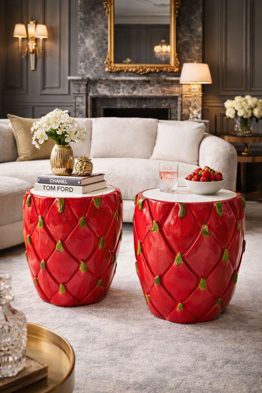 Pair Of Fruit Side Tables  Stools Gloss Red Ceramic Effect, H44 × W38 × D38 Cm photo furniture