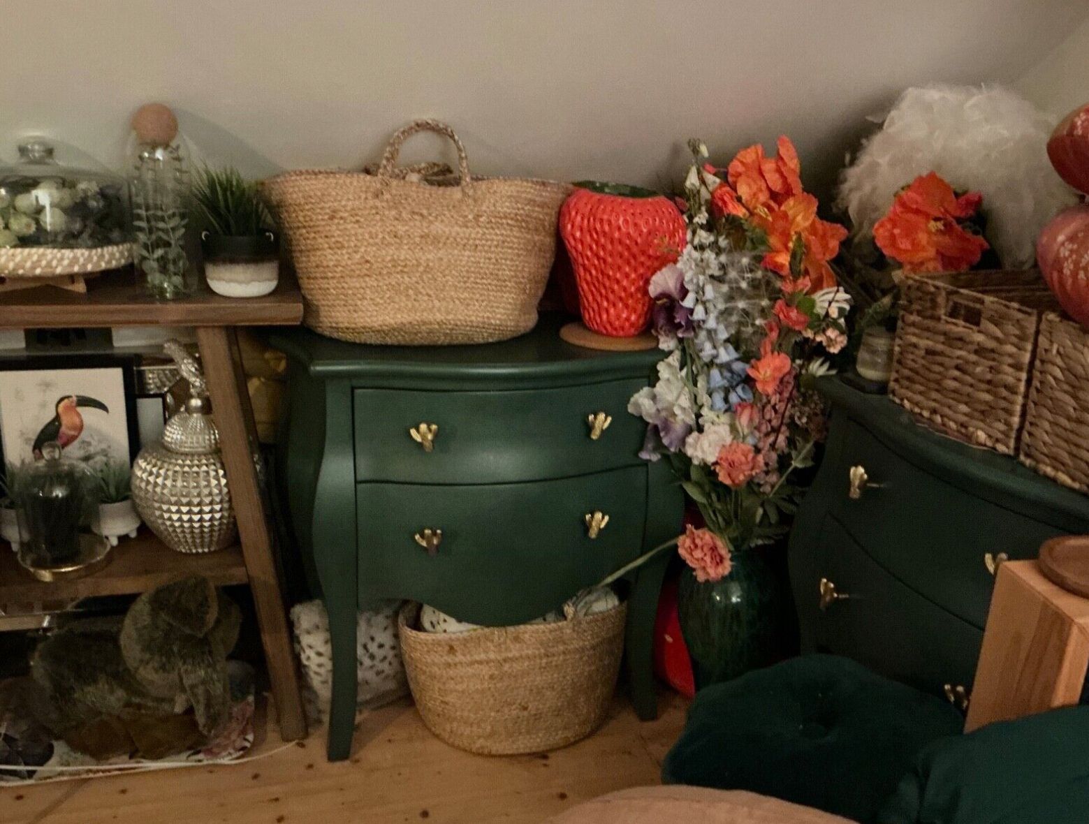 Dark Green French Commodes Pair Cactus Knob Vintage Style Wooden Chest Of Drawer photo for sale