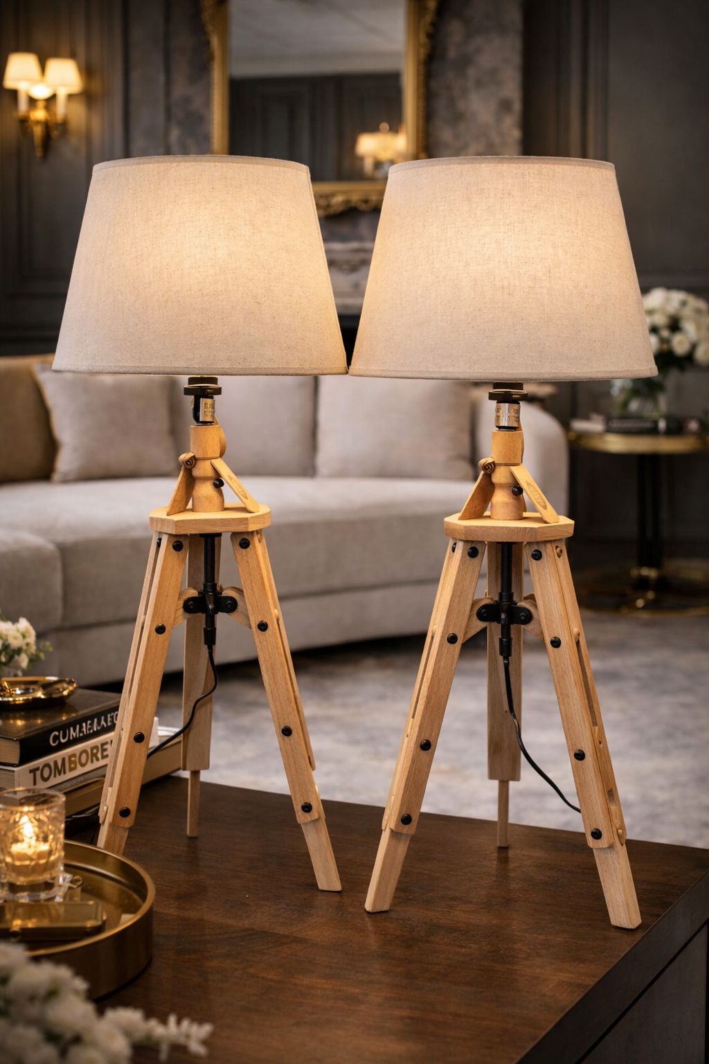 Pair 2pcs Set Wooden Tripod Table Lamp Linen Shades By Hill Interiors