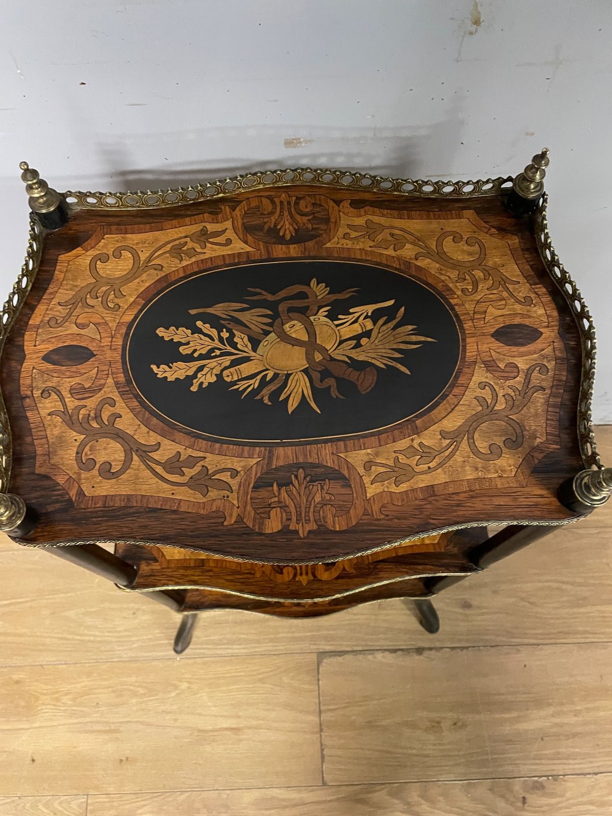 French Inlaid Marquetry Ormolu Mounted Three Height Etagere Circa 1910 photo vinterior
