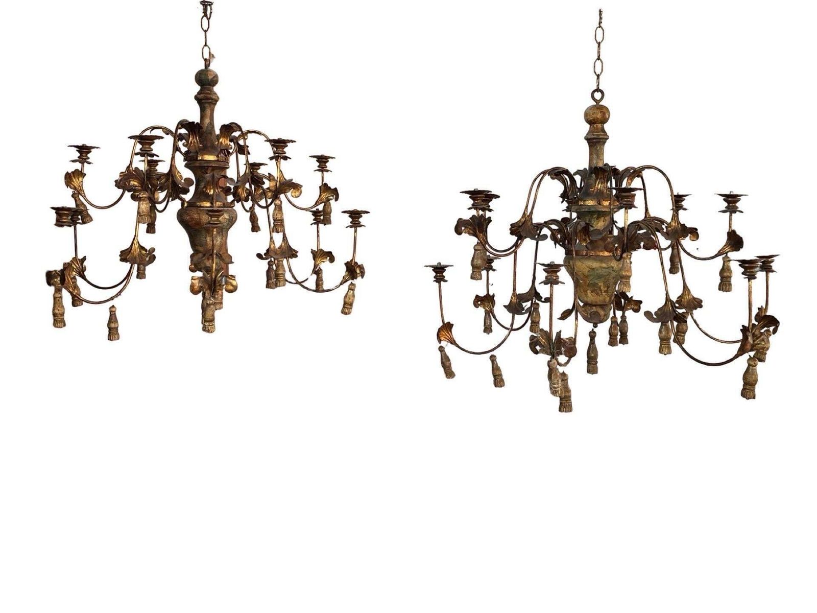 20th Century Italian Iron And Wood Pair Of Chandeliers
