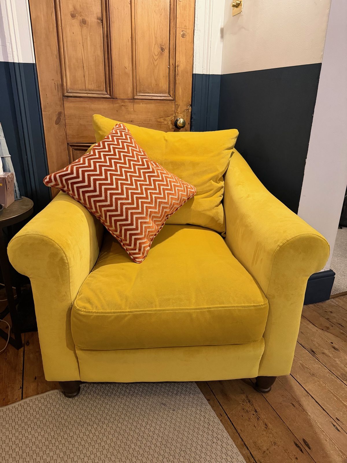 Heal's Devon 3str Sofa & Arm Chair   Smart Velvet Luxe Canary Yellow photo for sale