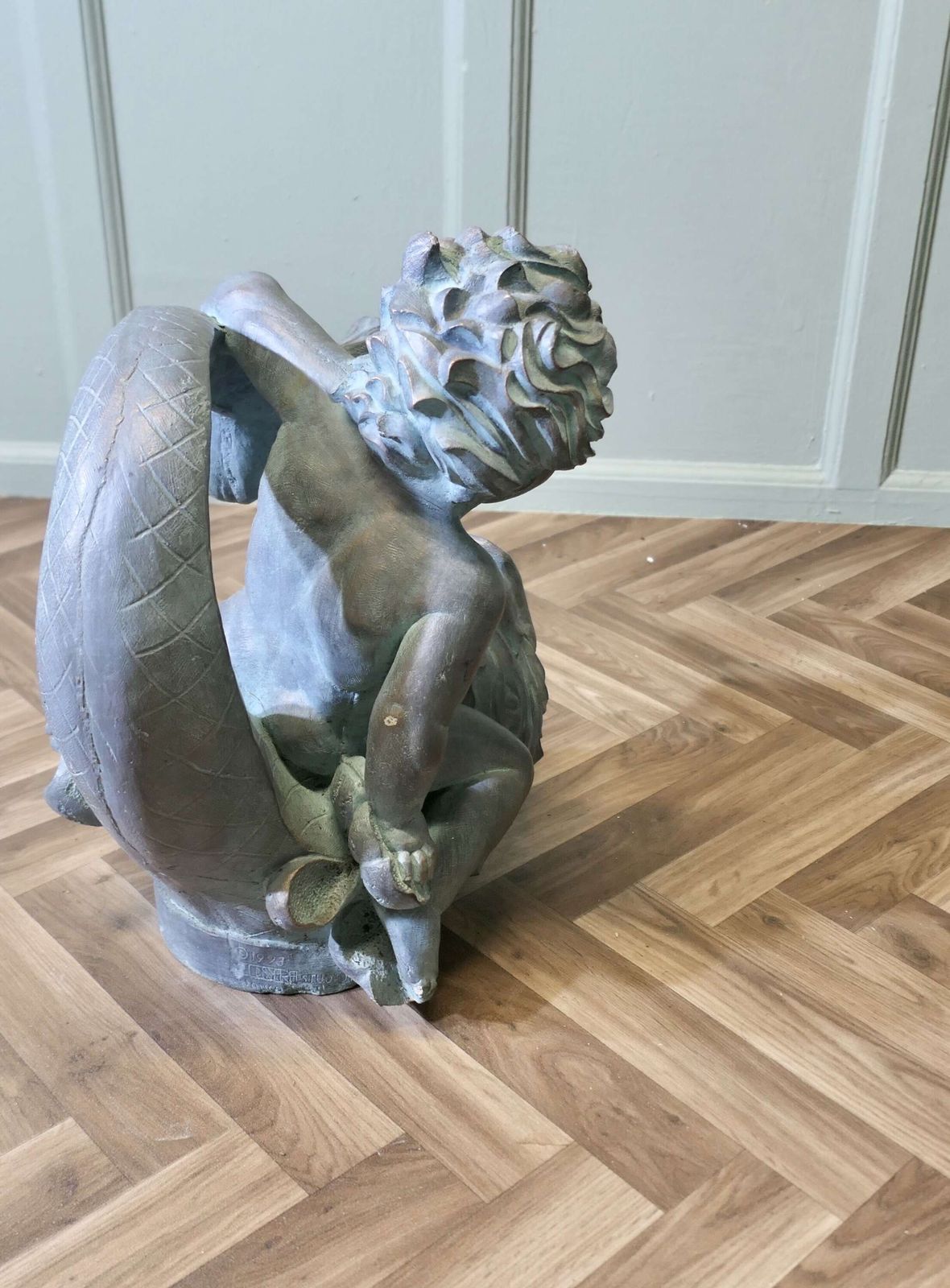 Sculpture Of A Cherub Riding A Fish, Fountain Water Feature A Superb Verdigris Patinated photo Garden Decor