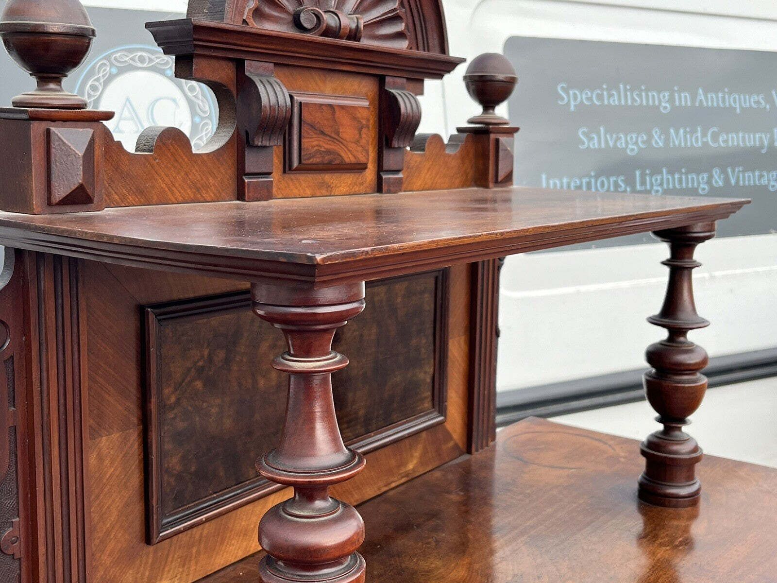 photo for sale Antique Walnut Bookcase / Cupboard With Fitted Shelves & Drawer