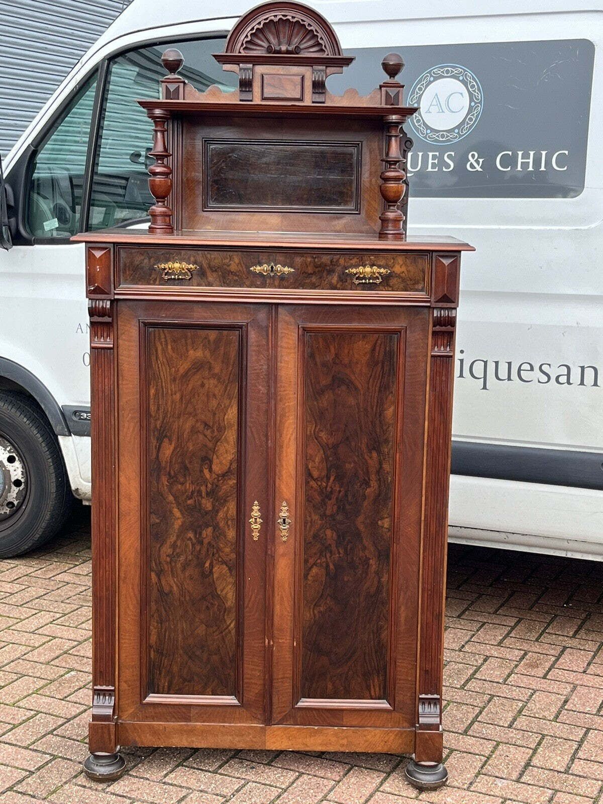 photo buy Antique Walnut Bookcase / Cupboard With Fitted Shelves & Drawer