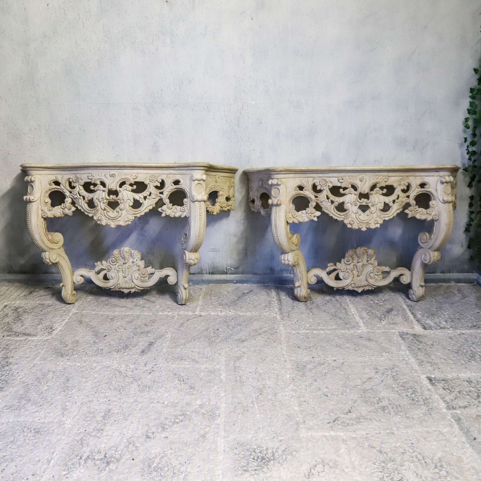Pair Of 1930s French Hand Carved Wall Console Tables In Antique White Finish photo for sale