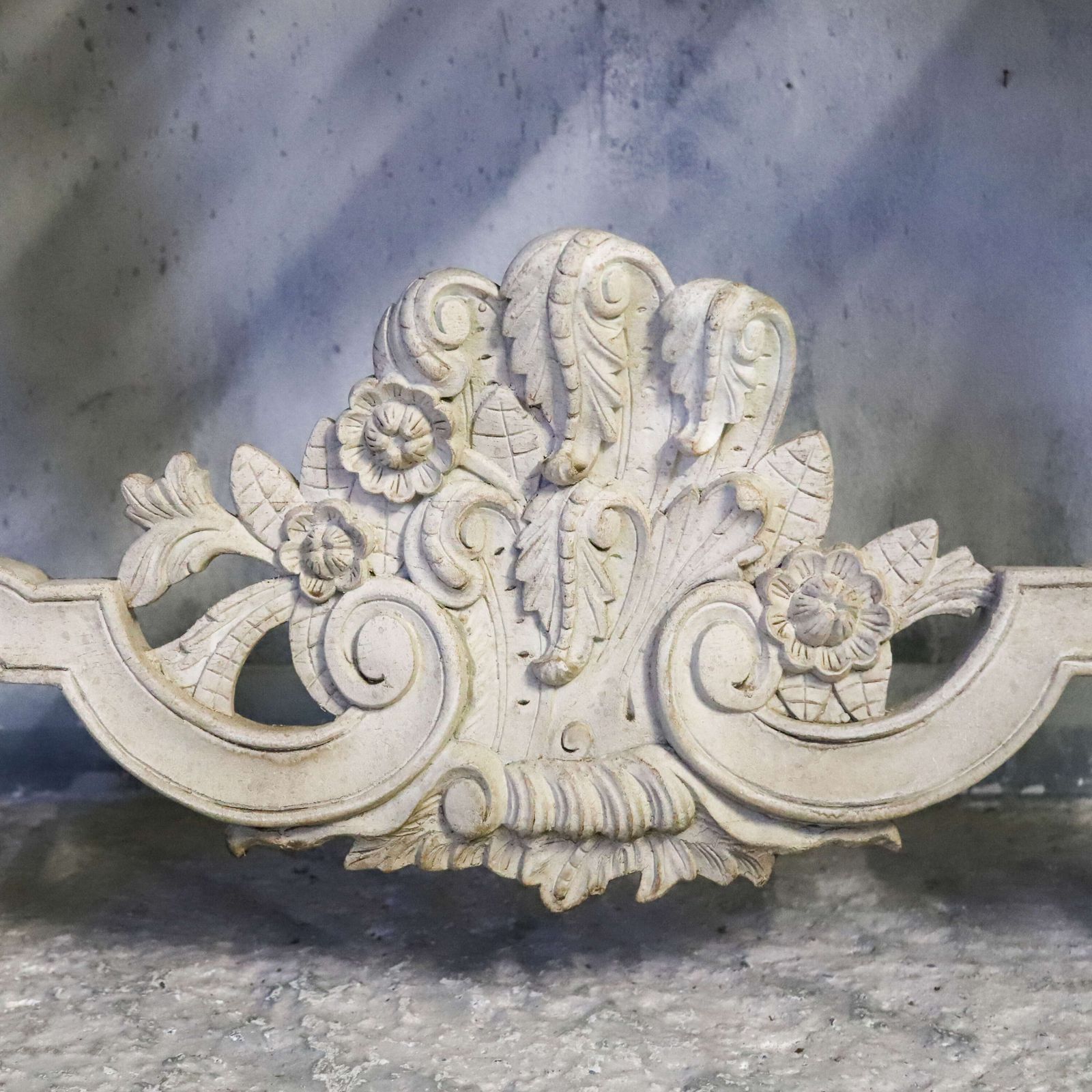 photo for sale Pair Of 1930s French Hand Carved Wall Console Tables In Antique White Finish