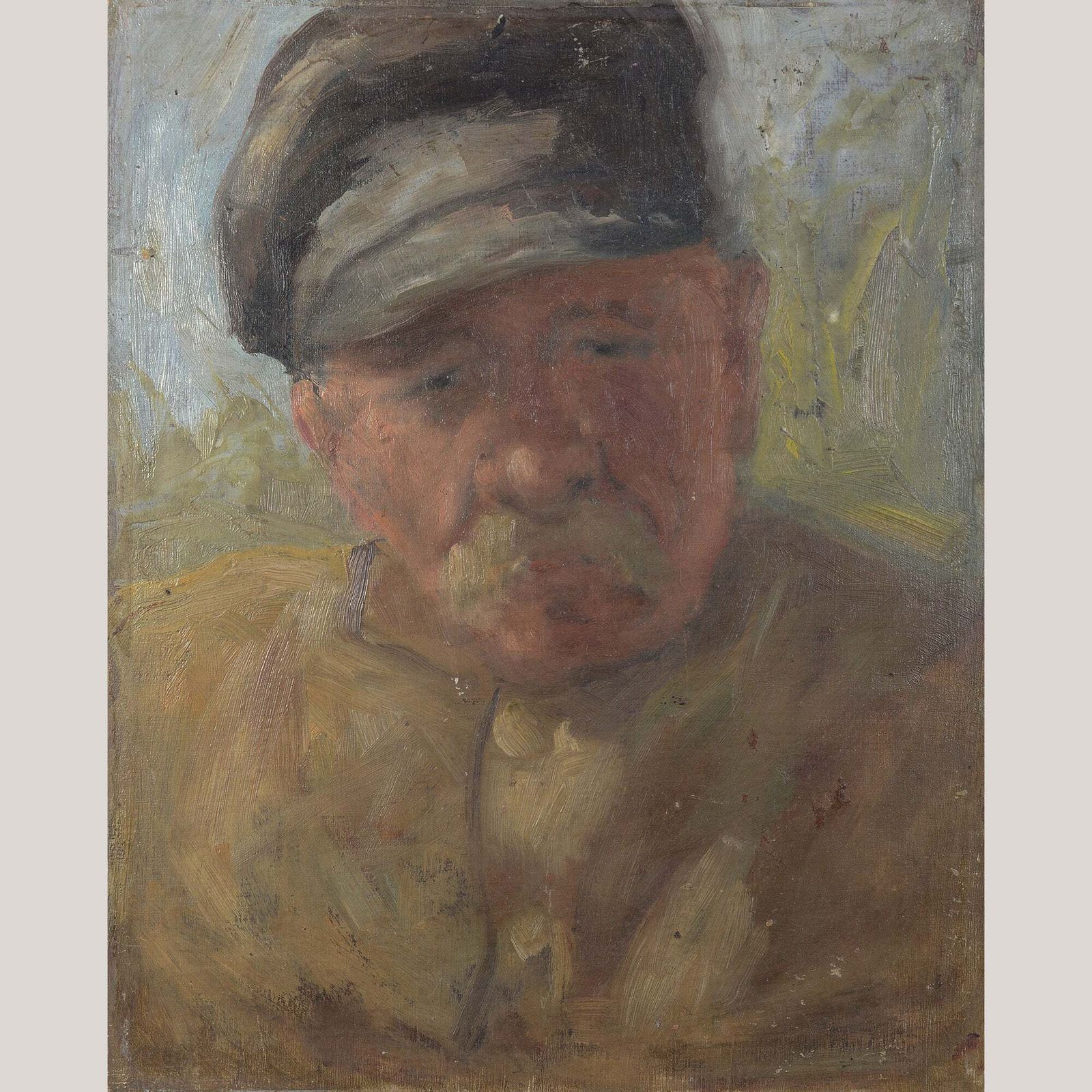 Impressionistische Schets Van Een Oudere Man Met Pet – Gesigneerd Op De Achterzijde, Kunstenaar Onbekend