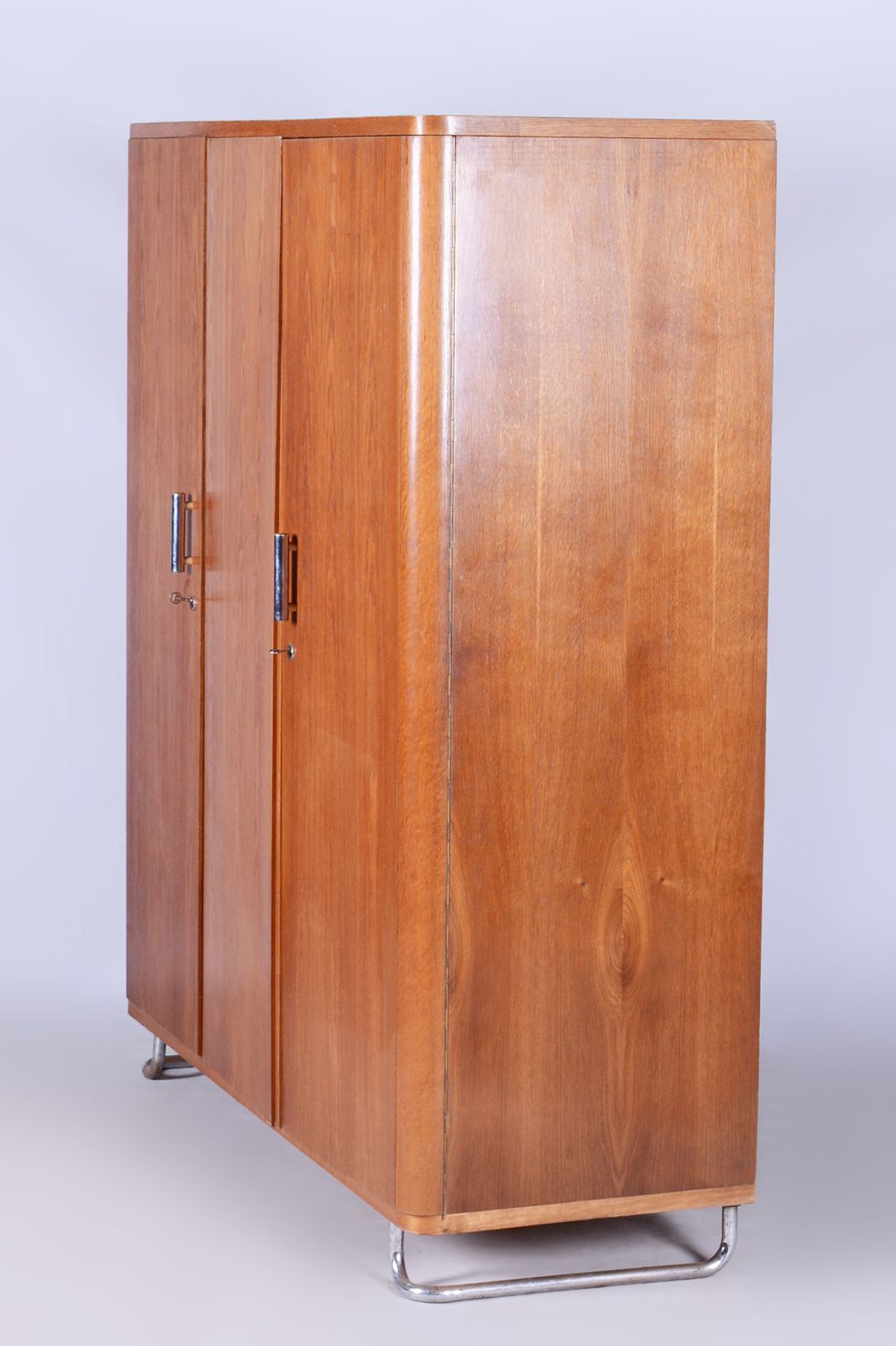 Restored Oak Bauhaus Wardrobe, Chrome Plated Steel, Czechia, 1930s photo for sale