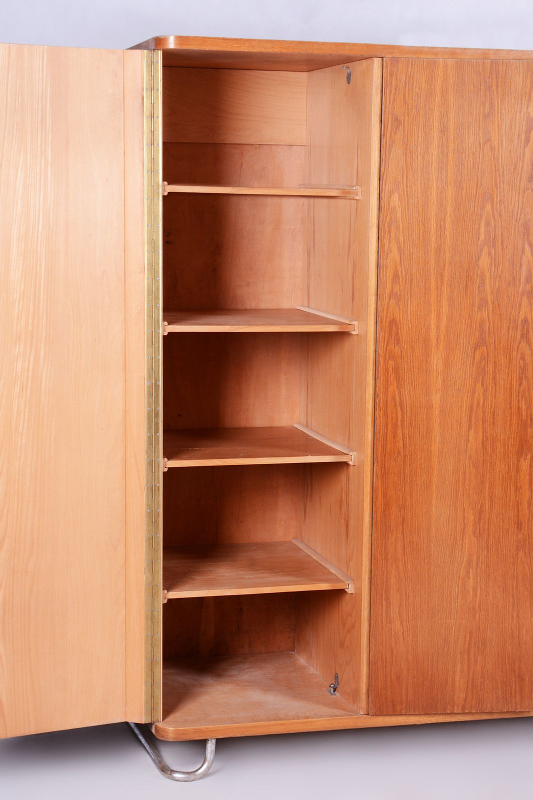 photo for sale Restored Oak Bauhaus Wardrobe, Chrome Plated Steel, Czechia, 1930s