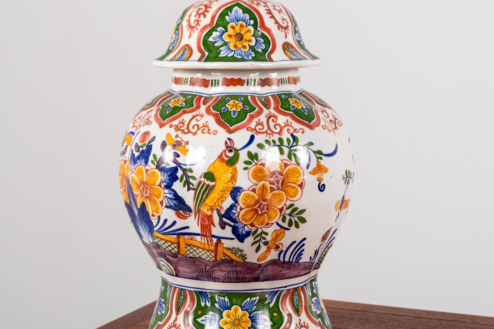 Antique Boch Frères Delft Lidded Vase – Hand Painted Faience With Parrot & Floral Motif photo for sale