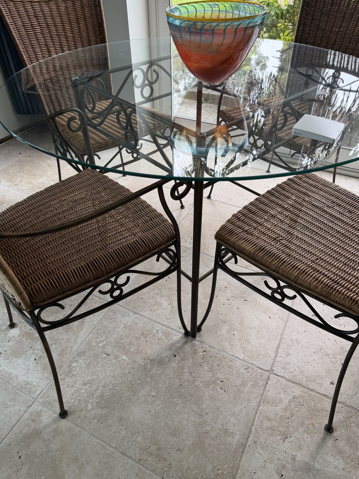 Round Glass Dining Table And 4 Brass & Wicker Chairs photo furniture