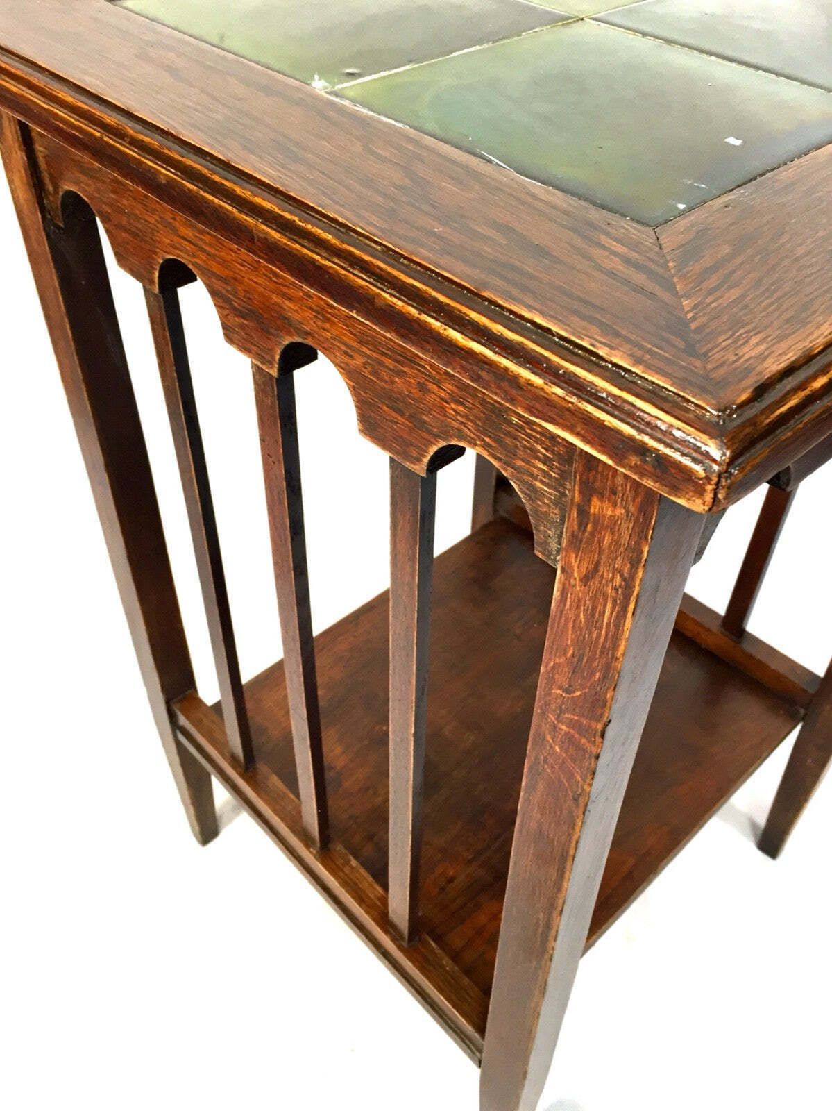 Antique Edwardian Arts And Crafts Oak Occasional / Lamp Table Green Tiles C.1910 photo Furniture