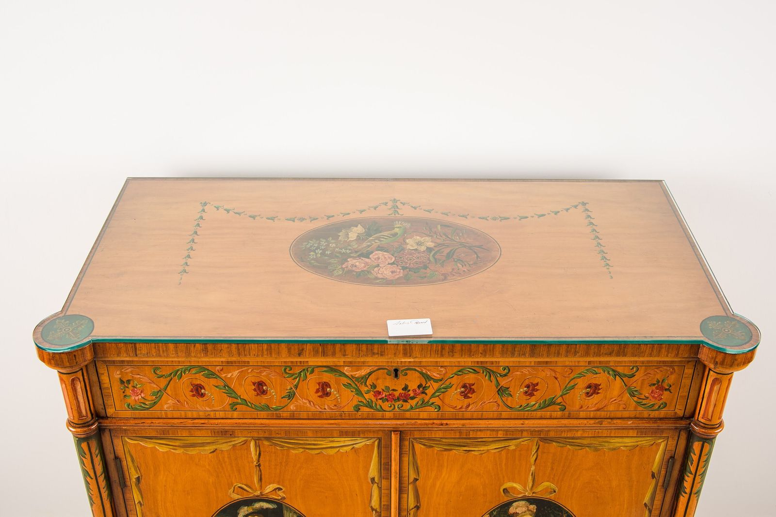 Antique Satinwood Painted Side Cabinet With Figural Panels photo furniture