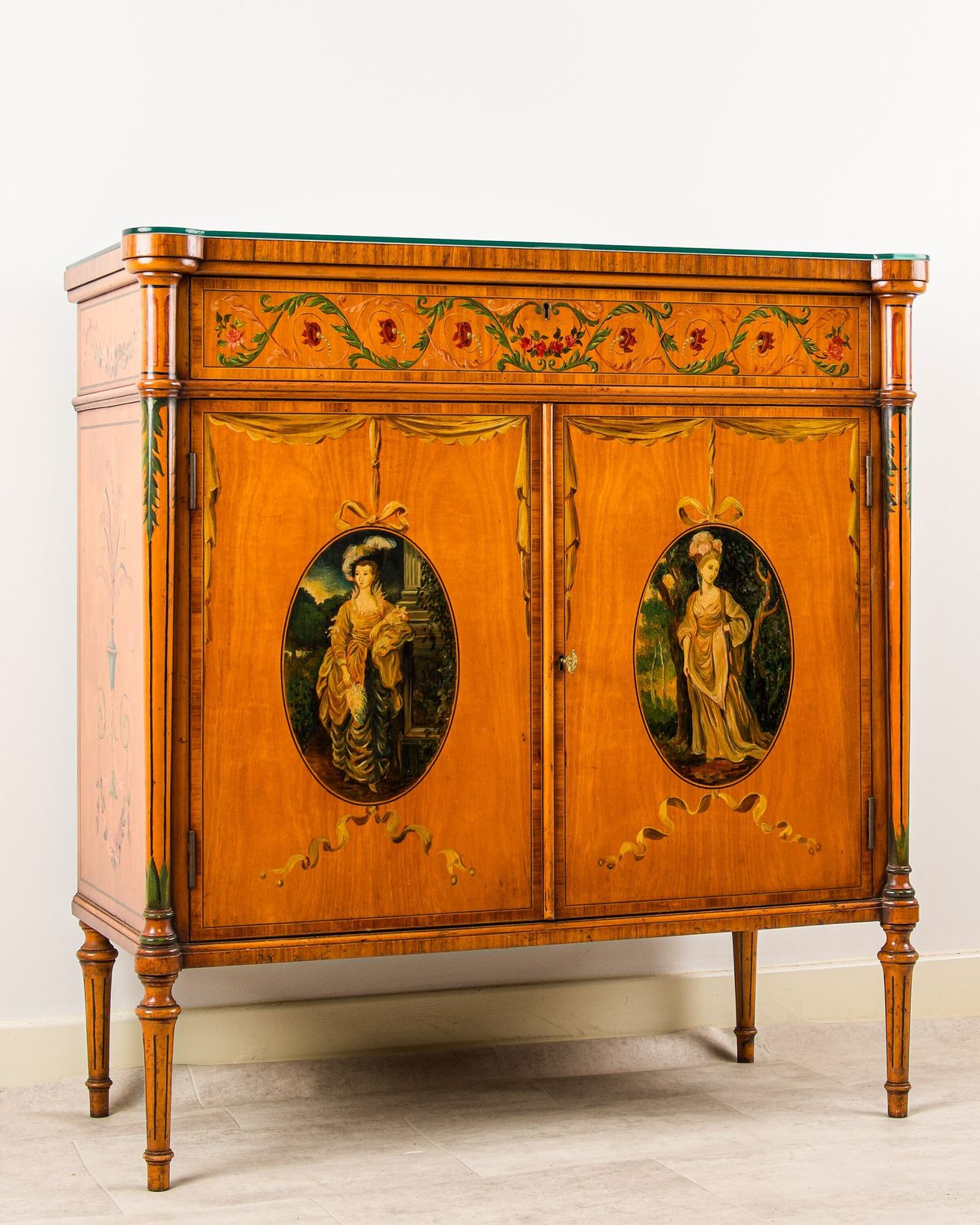 Antique Satinwood Painted Side Cabinet With Figural Panels photo buy