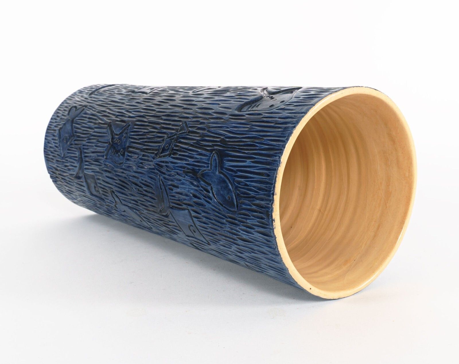Xl Blue Carved Fish Studio Pottery Vase By Hanen Ben Salah – Signed photo Home Decor