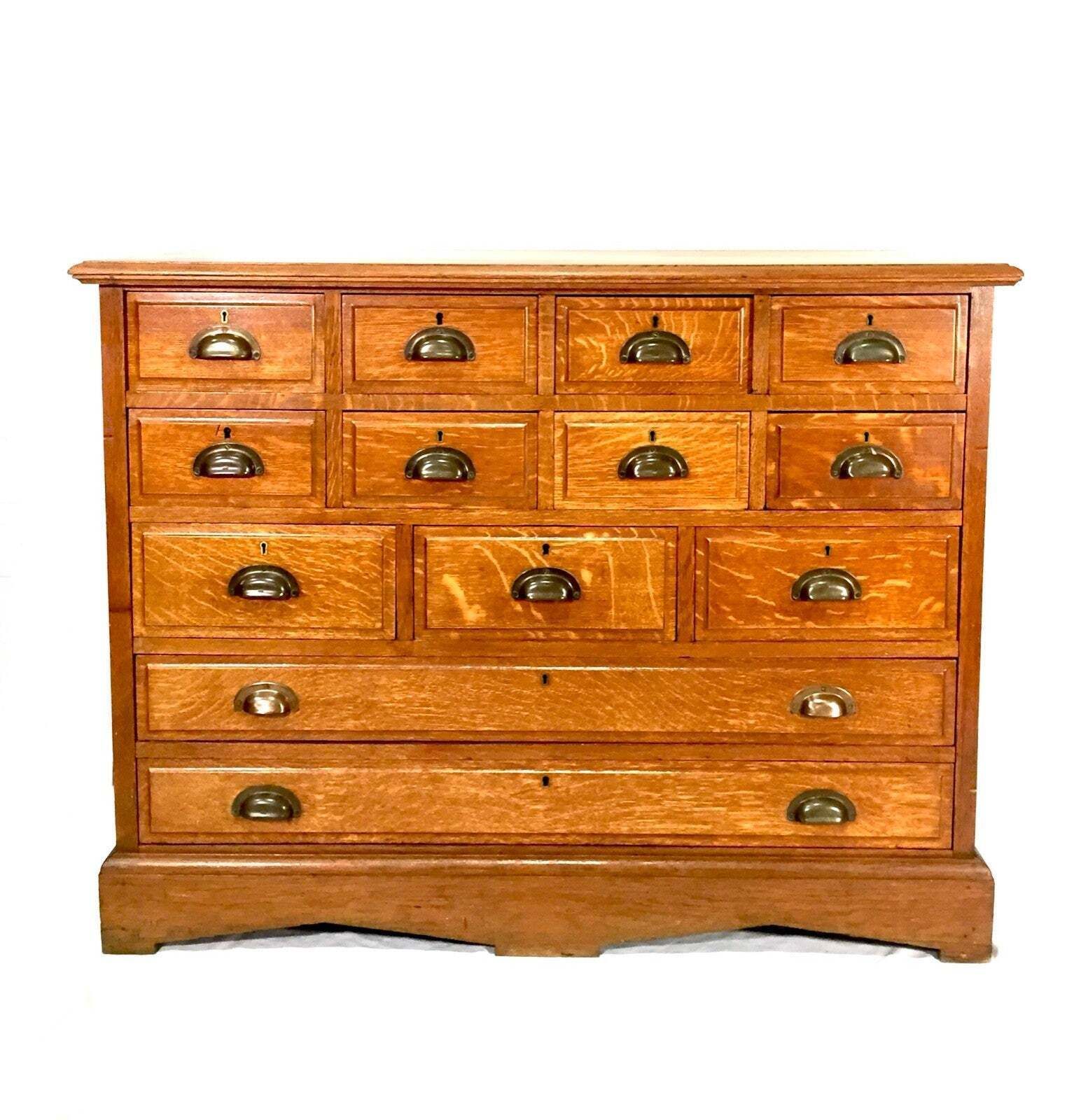 Antique Large Wooden Oak Haberdashery Filing Drawer Storage Cabinet Sideboard photo furniture