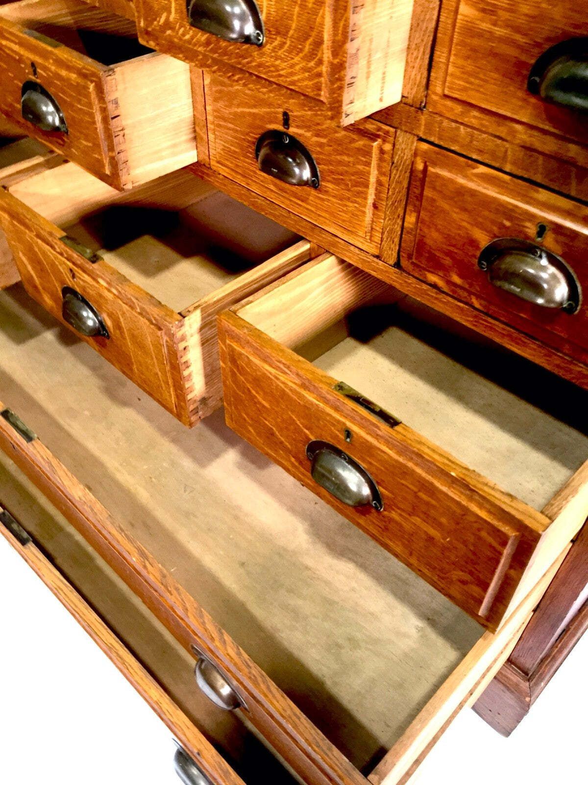Antique Large Wooden Oak Haberdashery Filing Drawer Storage Cabinet Sideboard photo vinterior