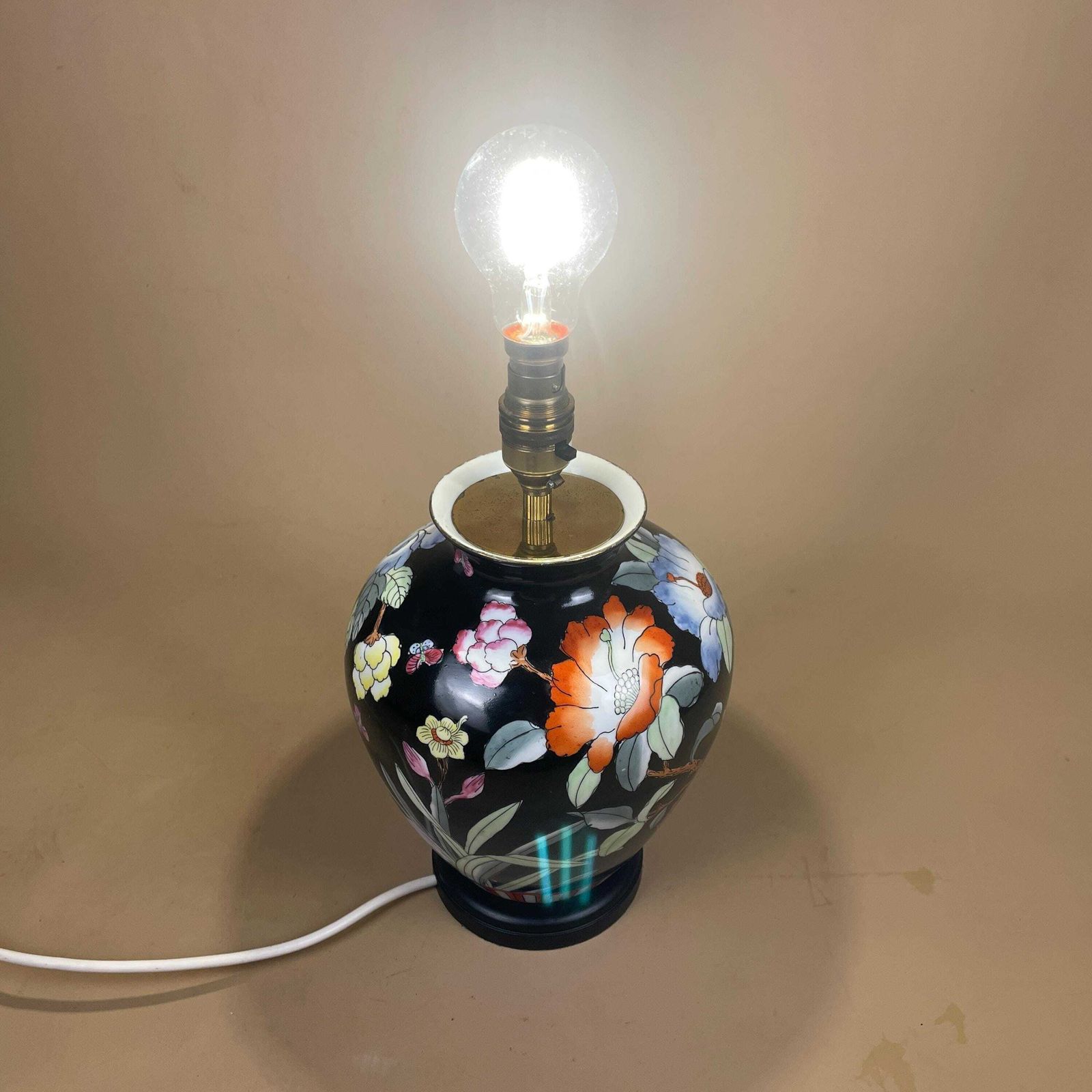 photo for sale Oriental Ceramic Baluster Vase Lamp Hand Painted Black Floral Porcelain Table Lamp Chinoiserie Ornate Pattern Wood Base Ginger Jar Gold