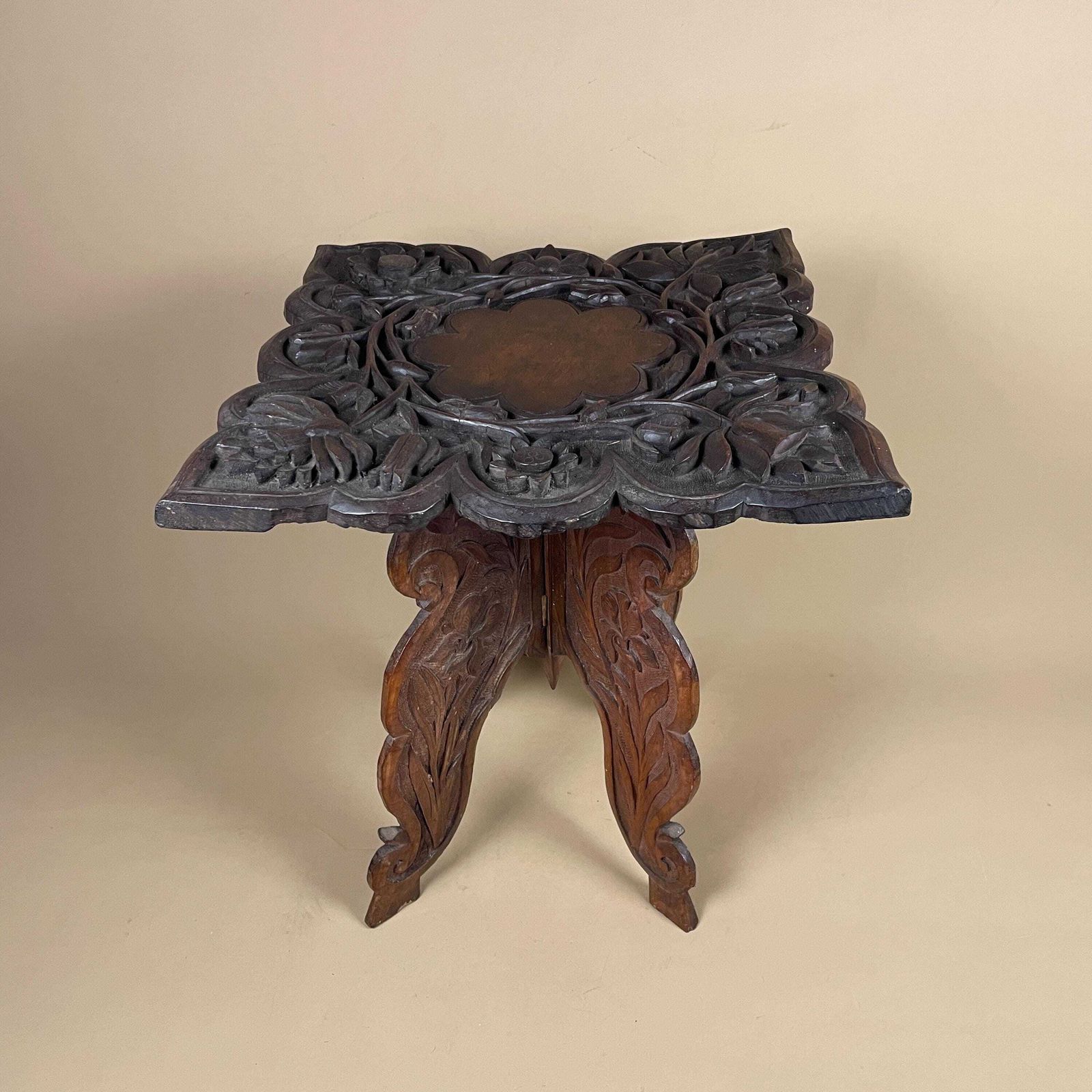 Anglo Indian Wooden Table Fold Down Campaign Decorative Intricate Patterned Hand Crafted Square C.1900 Antique Asian Plant Stand Carved Wood photo furniture