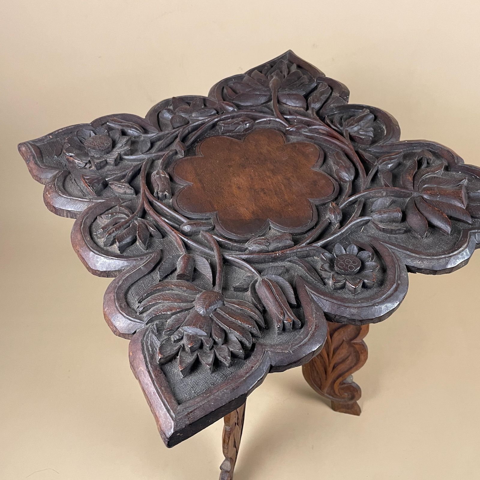Anglo Indian Wooden Table Fold Down Campaign Decorative Intricate Patterned Hand Crafted Square C.1900 Antique Asian Plant Stand Carved Wood photo for sale