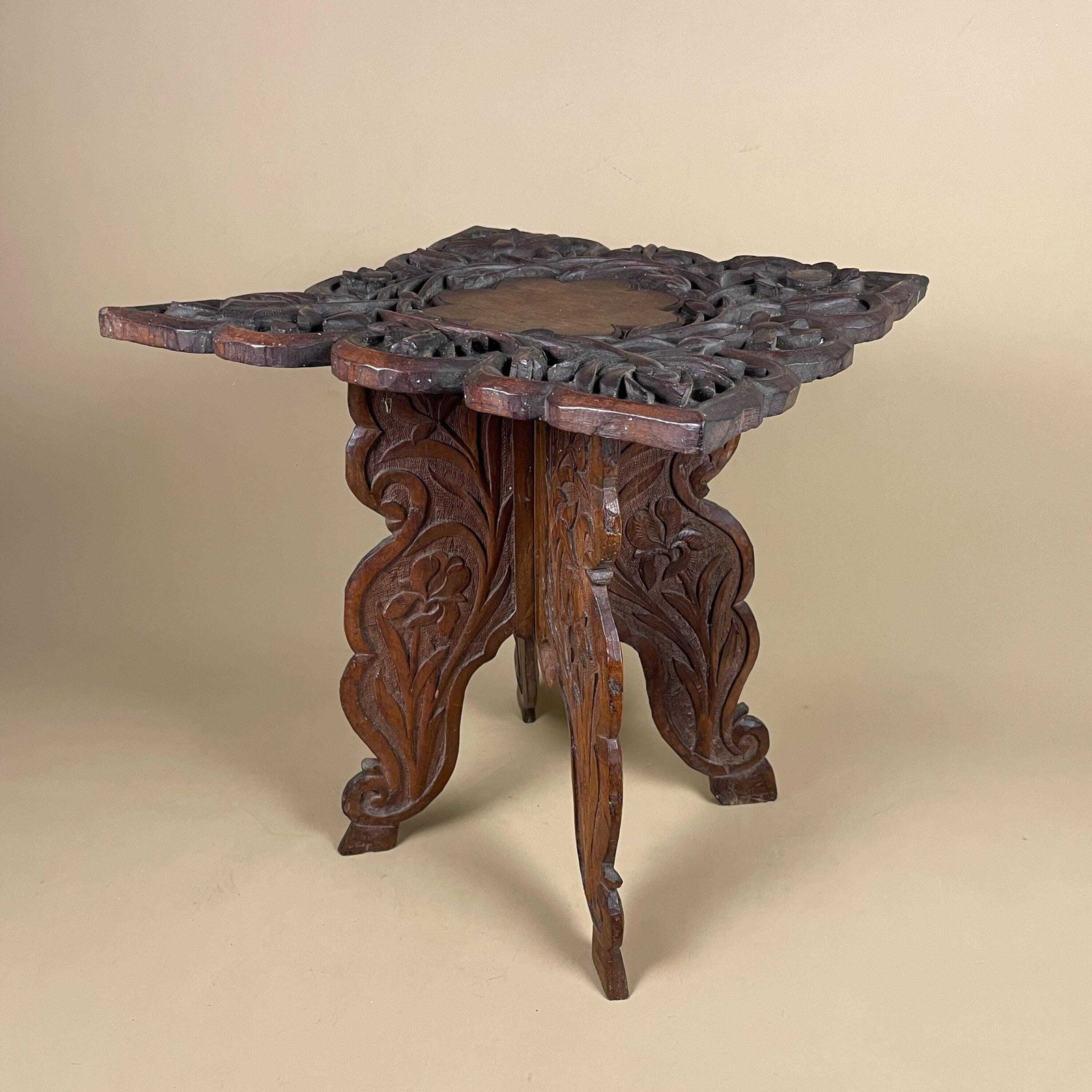 Anglo Indian Wooden Table Fold Down Campaign Decorative Intricate Patterned Hand Crafted Square C.1900 Antique Asian Plant Stand Carved Wood photo vinterior