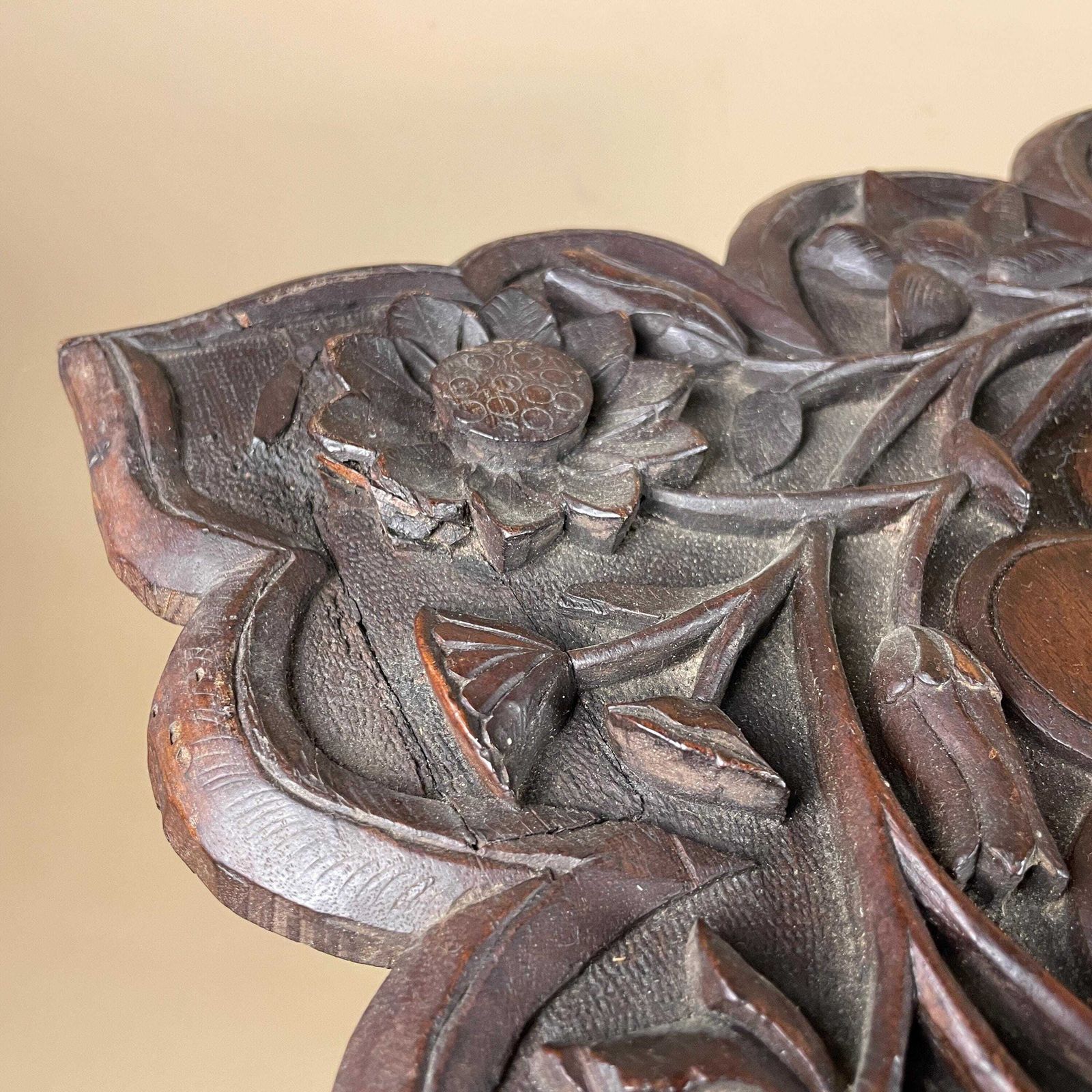 photo for sale Anglo Indian Wooden Table Fold Down Campaign Decorative Intricate Patterned Hand Crafted Square C.1900 Antique Asian Plant Stand Carved Wood
