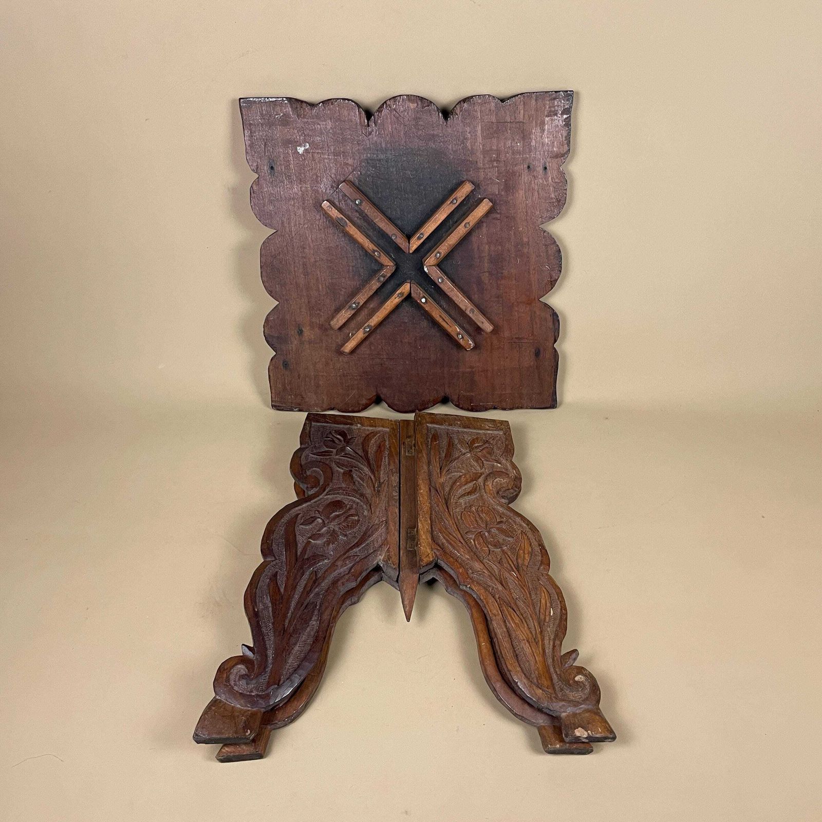 photo vinterior Anglo Indian Wooden Table Fold Down Campaign Decorative Intricate Patterned Hand Crafted Square C.1900 Antique Asian Plant Stand Carved Wood