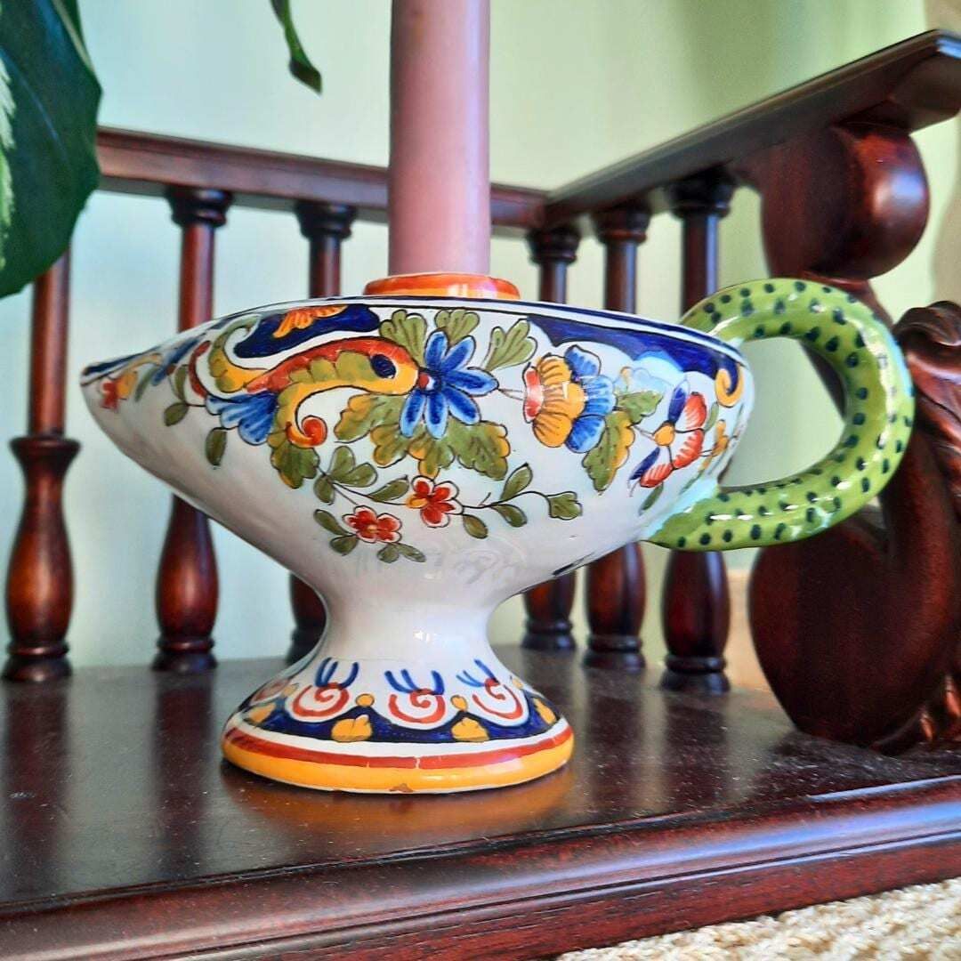 Antique French Faience Rouen Hand Painted Polychrome Chamberstick Candleholder C 1880's.