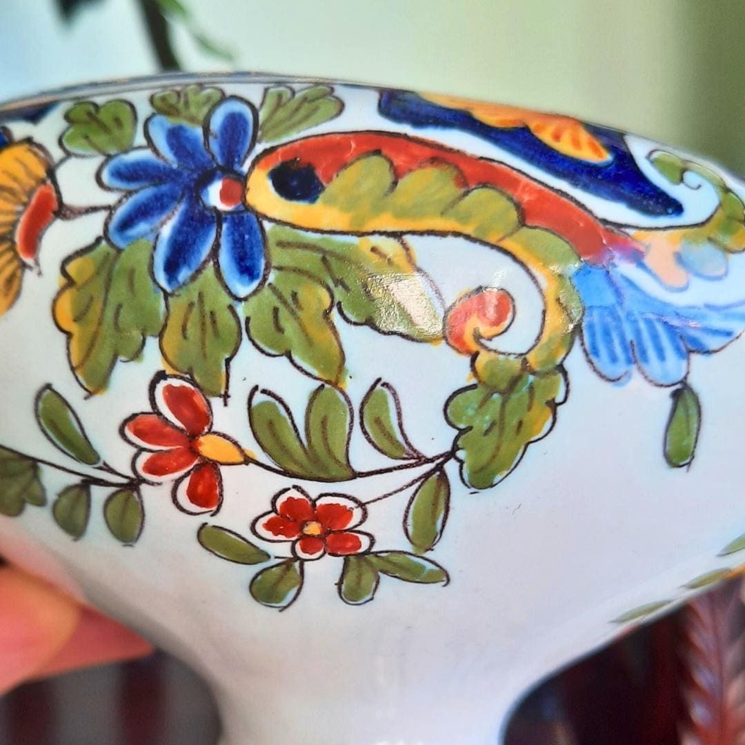 Antique French Faience Rouen Hand Painted Polychrome Chamberstick Candleholder C 1880's. photo 80.0