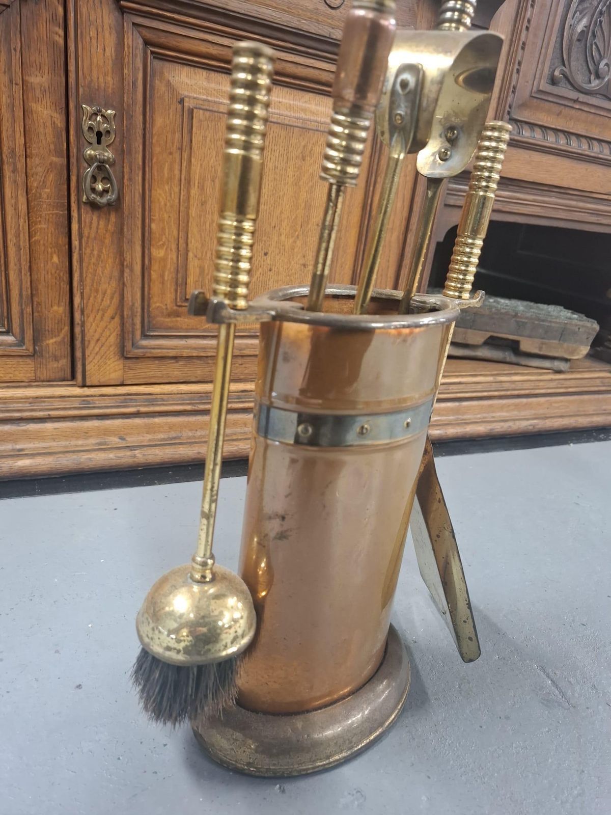 Edwardian Brass And Copper Fire Companion Set photo for sale