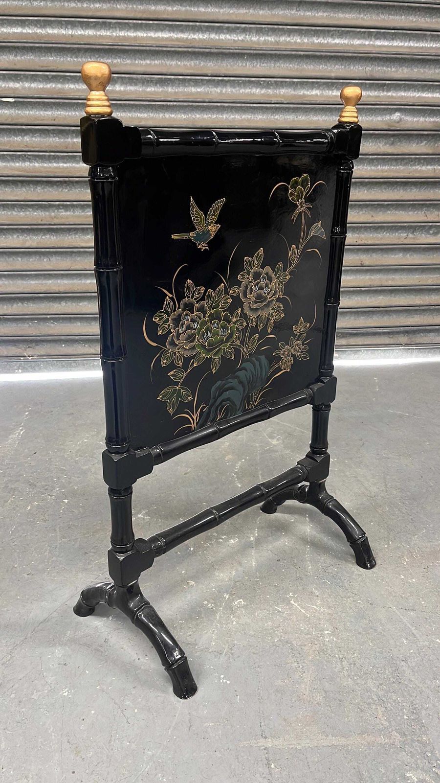 Vintage Black Chinoiserie Style Faux Bamboo Fire Screen Hand Decorated photo furniture