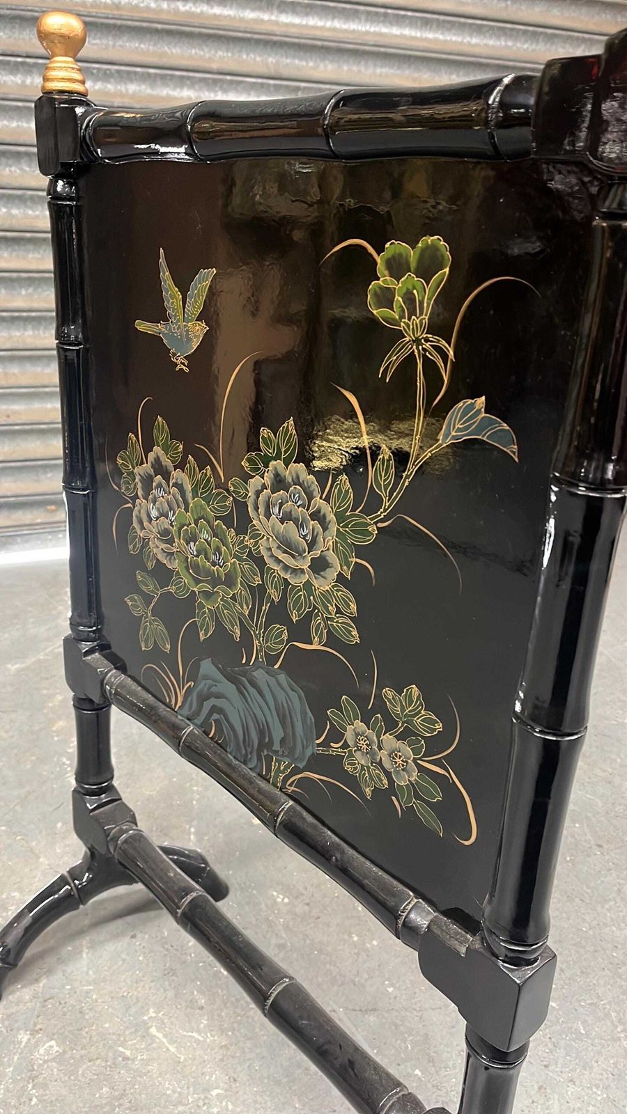 Vintage Black Chinoiserie Style Faux Bamboo Fire Screen Hand Decorated photo Home Fixtures