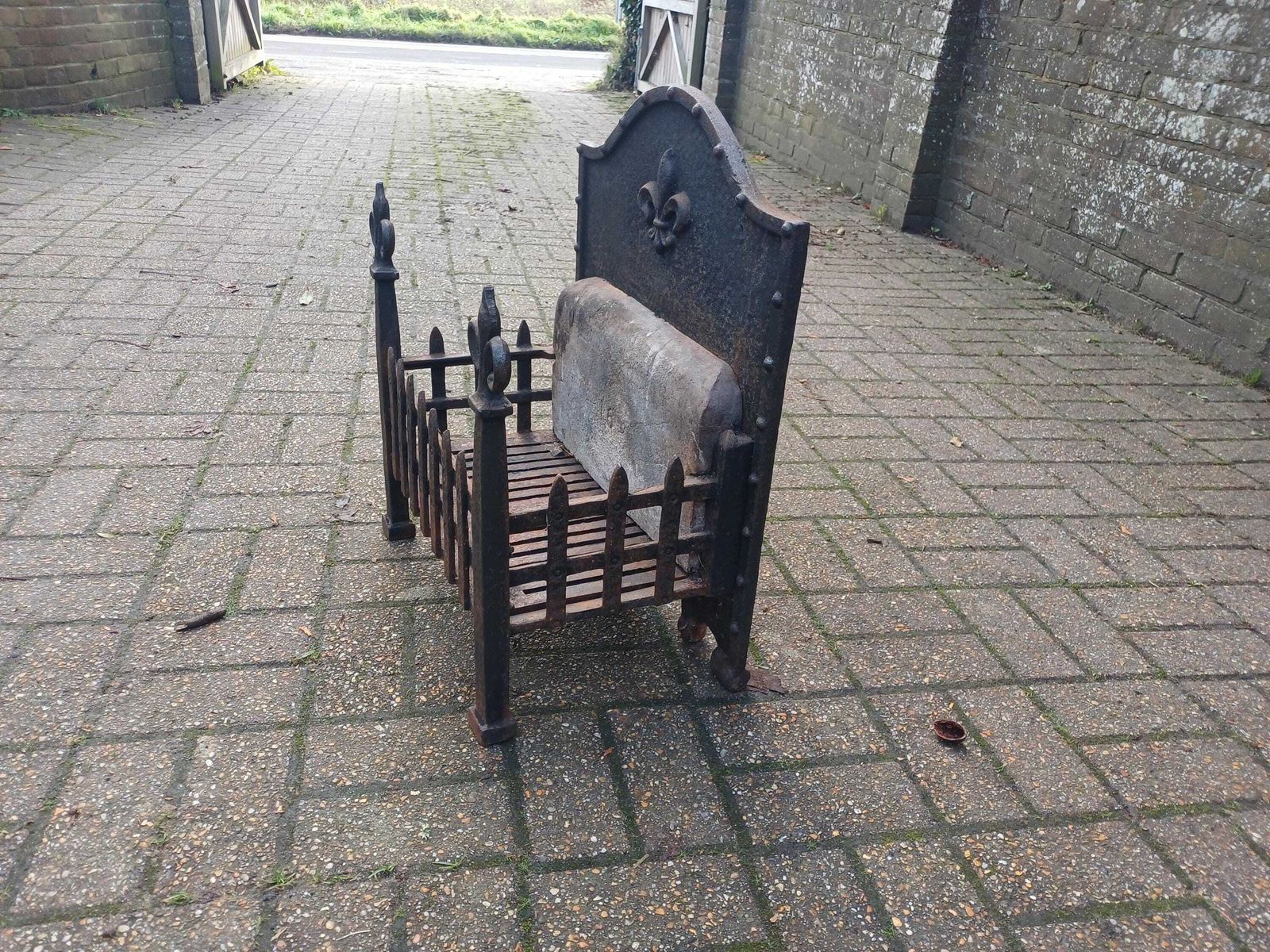 photo for sale Large Heavy 1920s Cast Iron Fireplace Inset Heavy Antique Fire Basket Art Nouveau Style Original Patina Period Hearth