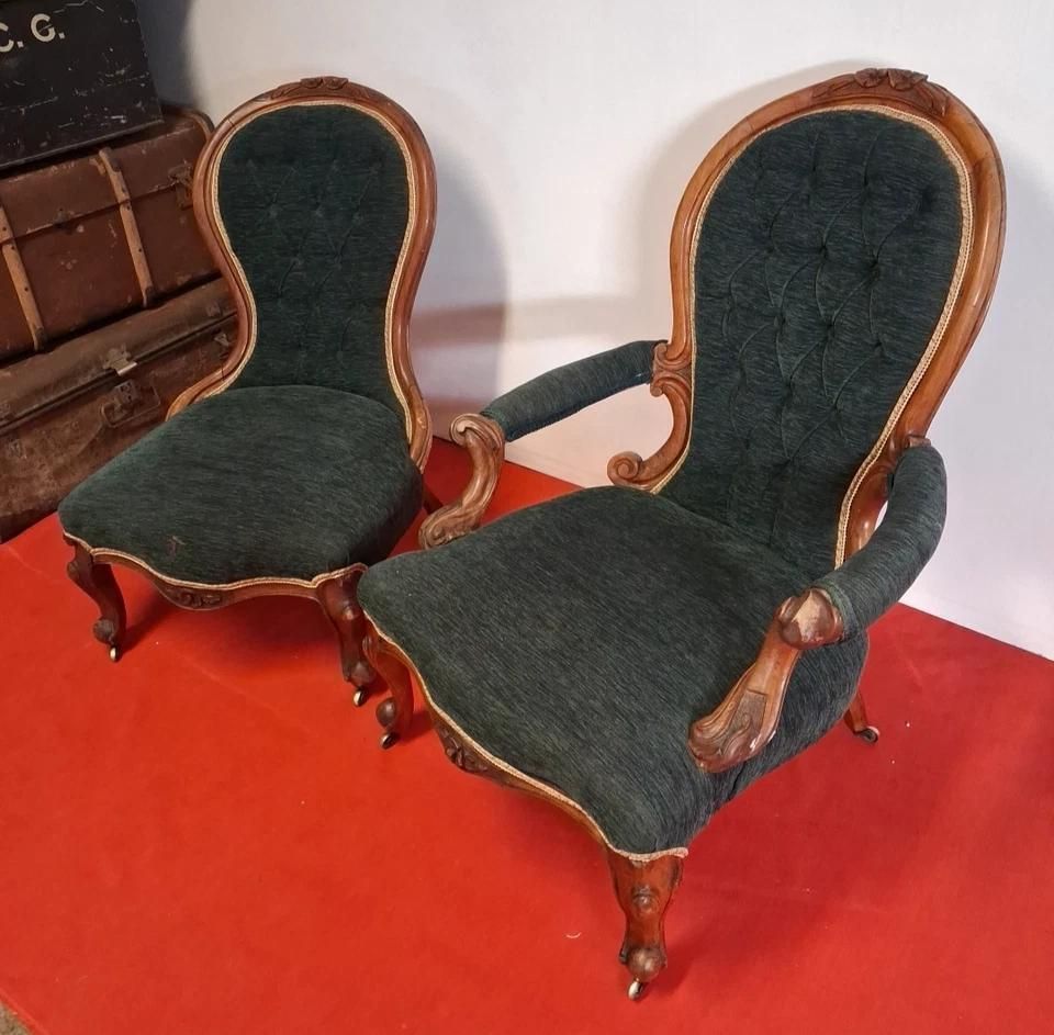 Antique Low His & Hers Balloon Back Relaxing Drink Fireside Styled Chairs photo for sale