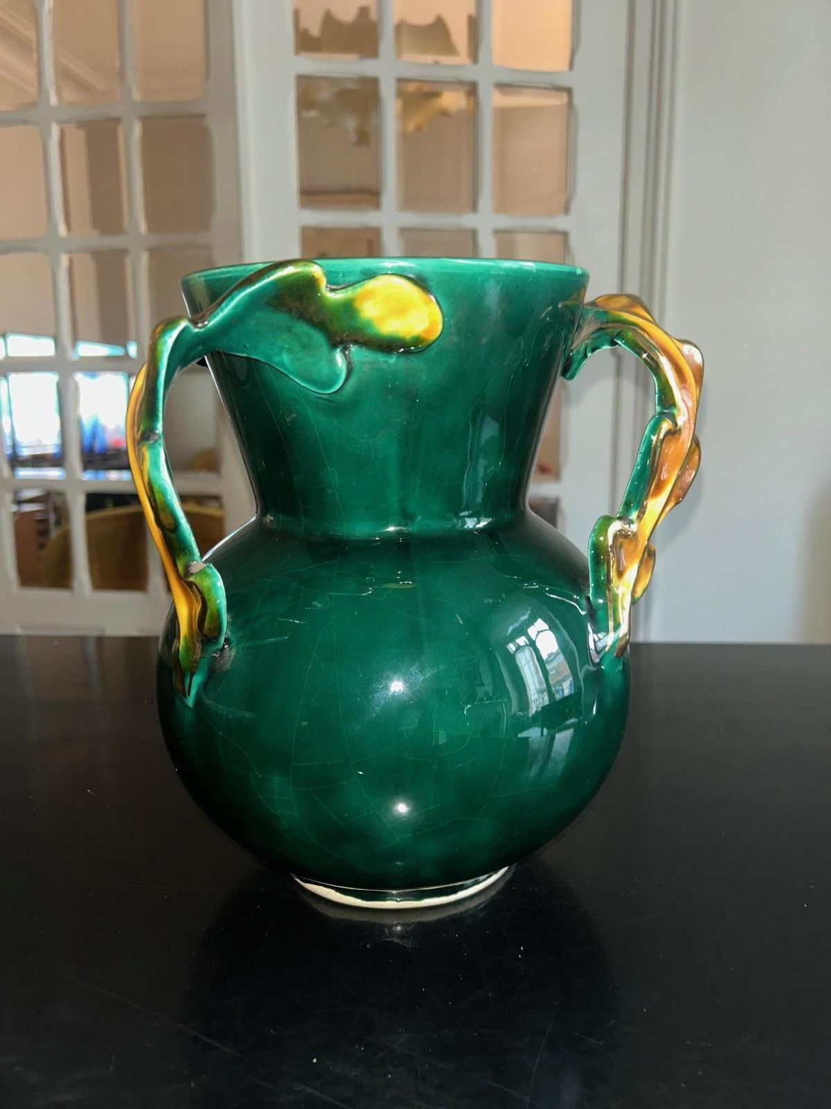 photo furniture Mid Century French Ceramic Vase, Greene & Greene, Gilt Handles, Circa 1950