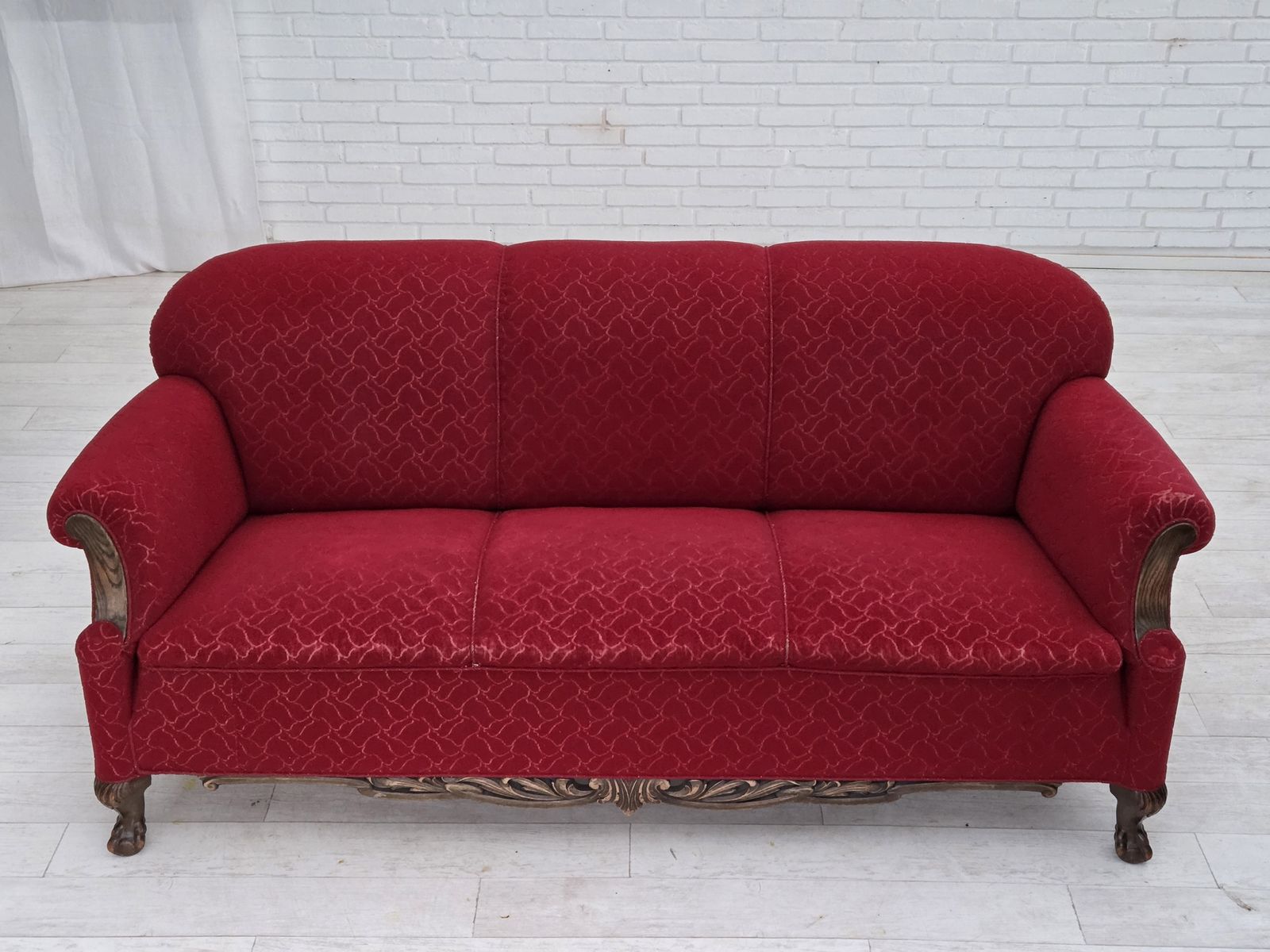 1950s, Danish 3 Seater Sofa, Red And Light Grey Furniture Wool, Carved Oak Wood. photo Furniture